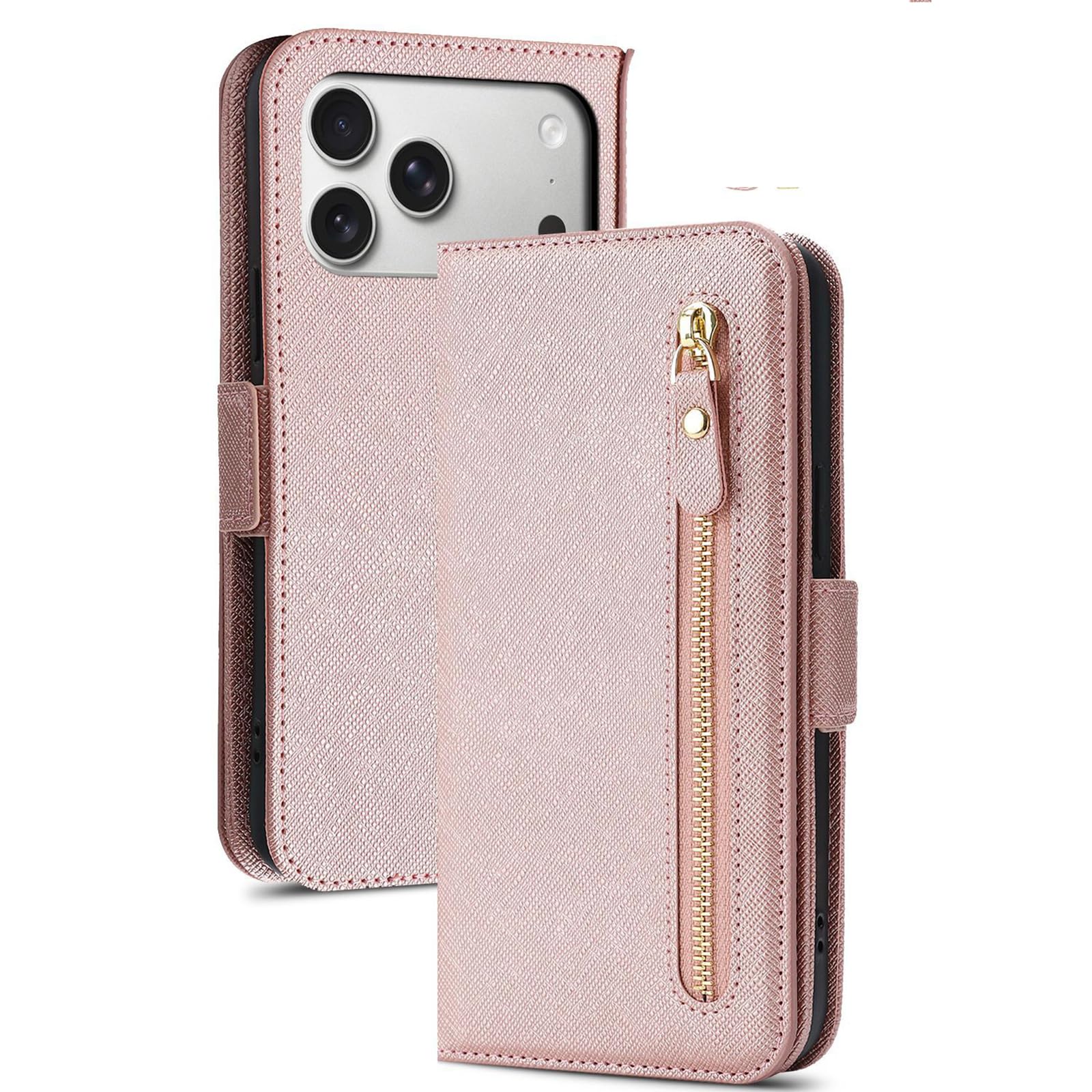 MFAOSHI Crossbody Case for iPhone 17 Pro Max/17 Pro/17 Air/17, Zipper Wallet Flip Leather Cover with Makeup Mirror Kickstand Function Case,Pink,17 Air