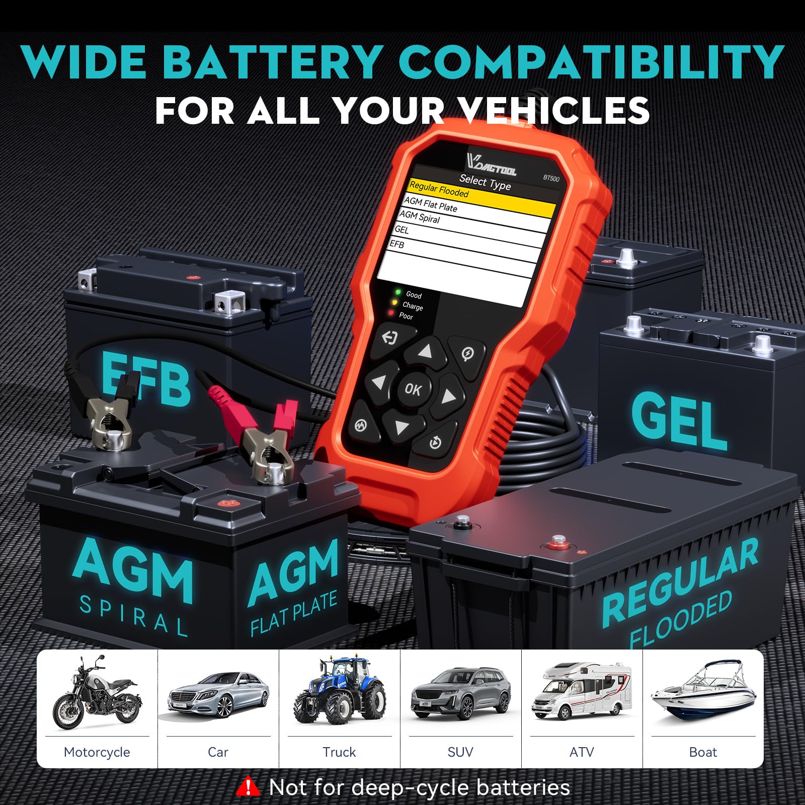 Comprobador de batería para coche, 6 V, 12 V, 24 V, VDIAGTOOL BT500, 5 – 3000 CCA, comprobador de batería para coche, camión, motocicleta, SUV, ATV, barco