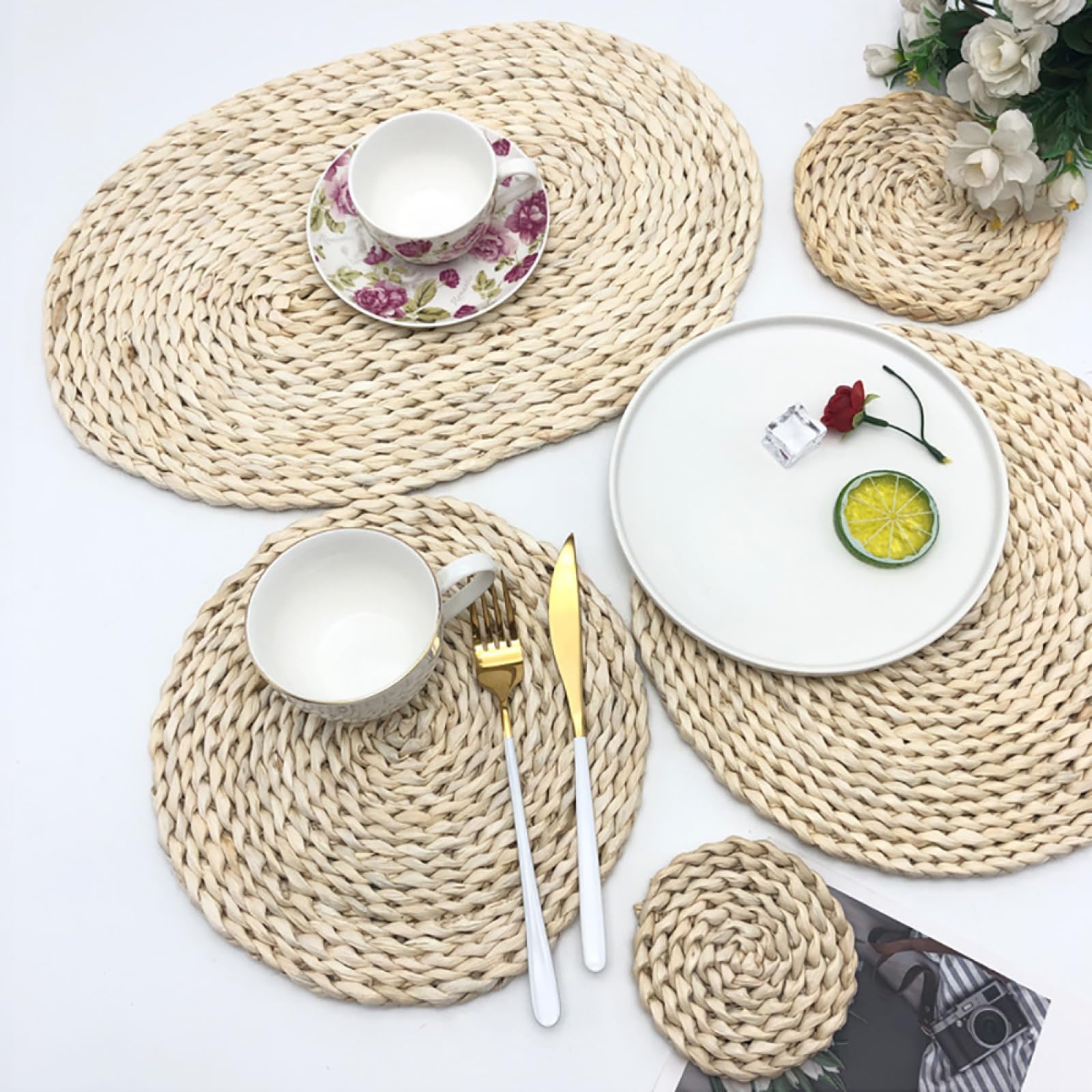 Décoration de Table, Sets de Table, Set de Table de Cuisine en rotin tressé Naturel tressé, Rond et résistant, Style Ferme.