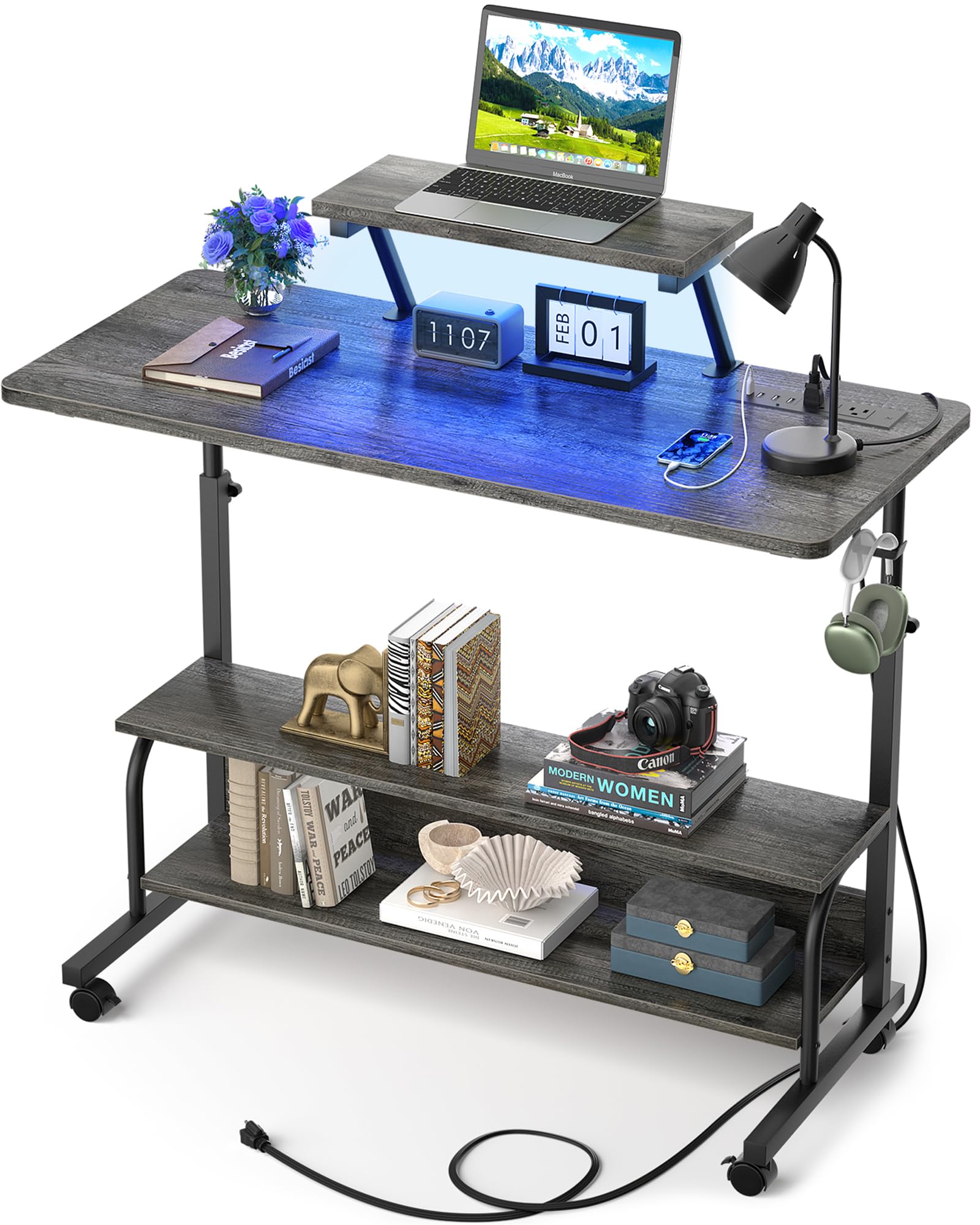 Height Adjustable Standing Desk with Power Outlets and LED Lights - 39" Manual Stand Up Desk with Monitor Stand and Storage Shelves Small Mobile