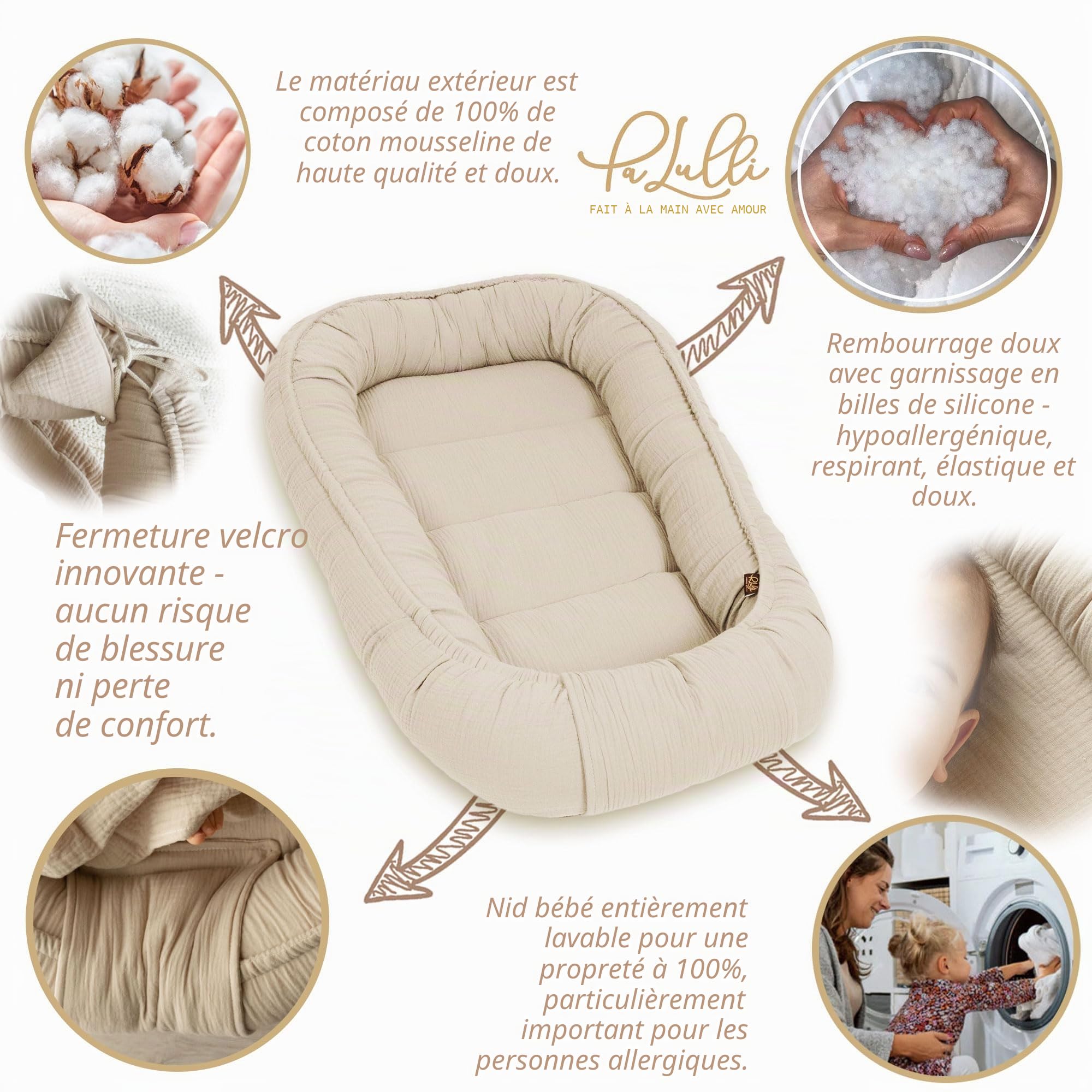 PaLulli® Ensemble 2 en 1 - Nid d'ange et nid d'ange pour bébé - 100% Mousseline - Tour de lit pour bébé garçon et Fille (Beige)