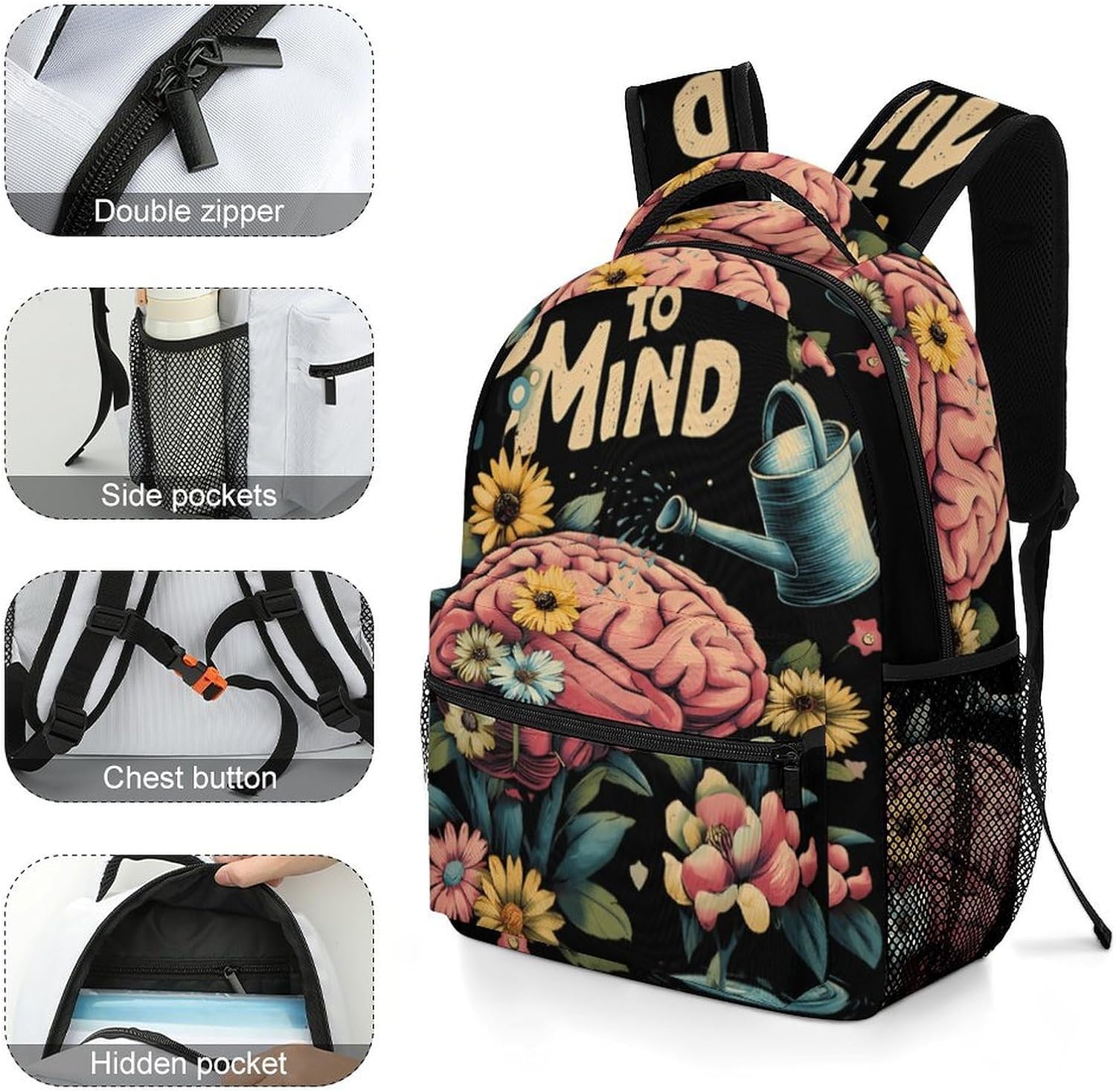 Brain Floral Be Kind To Your Mind Unisex Backpack Casual Daypacks Lightweight Shoulders Bag for Camping Hiking Travel