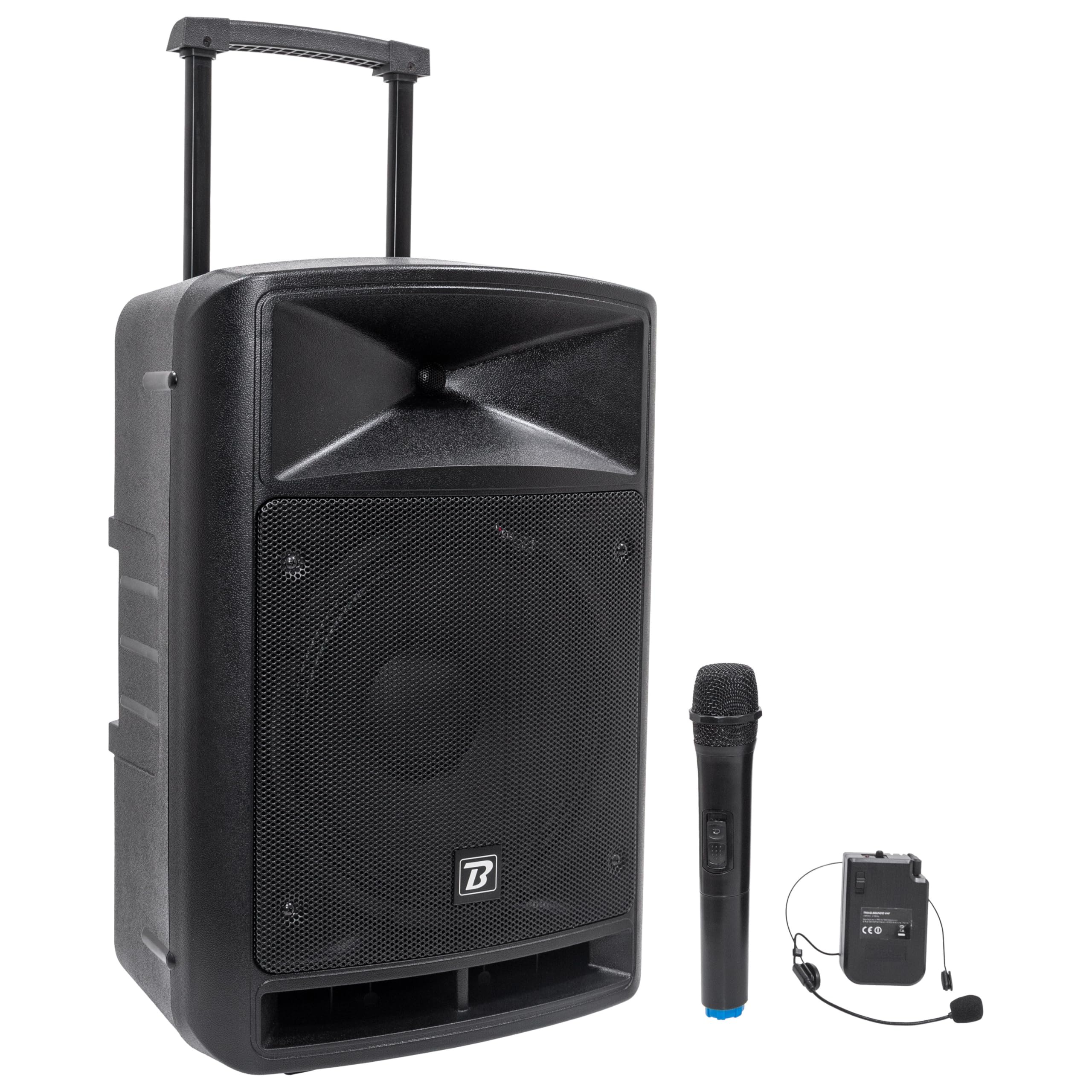 BoomTone DJ TRAVELSOUND12-VHF Système de Sonorisation Portable Noir 600W avec Bluetooth. Lecteur USB, SD et Micro Main et Serre-tête VHF Inclus. Idéal pour DJ, Karaoké, Spectacles de Rue et Fête