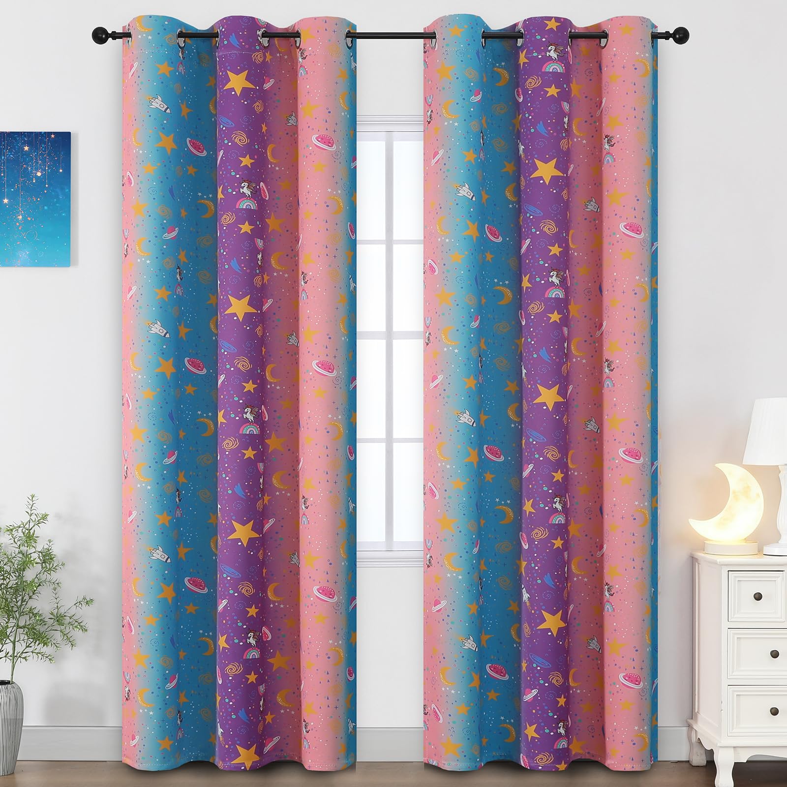 Pink Purple Blue Star Moon Unicorn Curtains for Girls Bedroom 84 Inch Long
