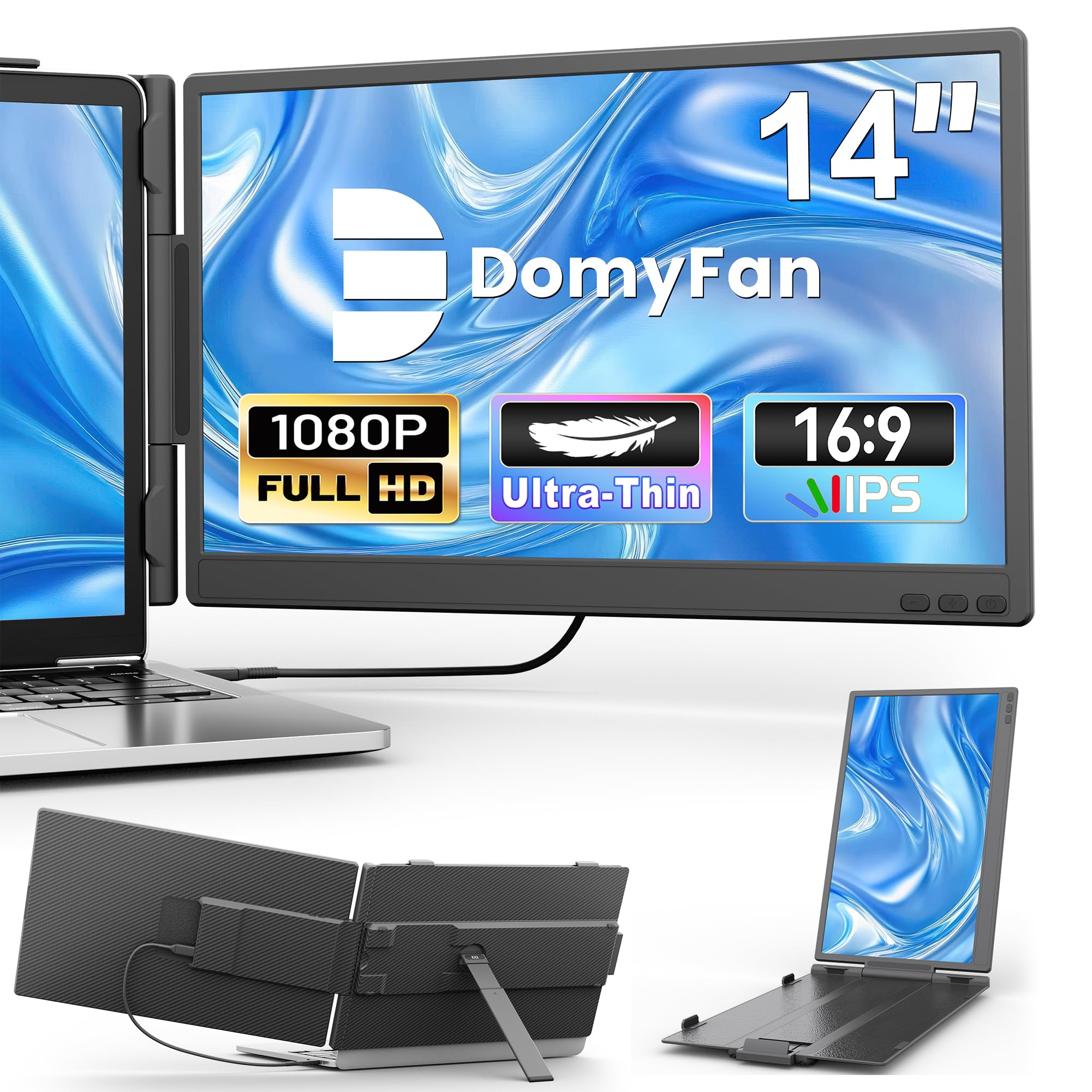 domyfan Przedłużenie ekranu laptopa 14", ultracienki FHD 1080p IPS Dual Portable Laptop Monitor Extender do laptopów 13-17", Plug & Play z HDMI/USB-A/Typ-C, kompatybilny z Windows, Mac, Android