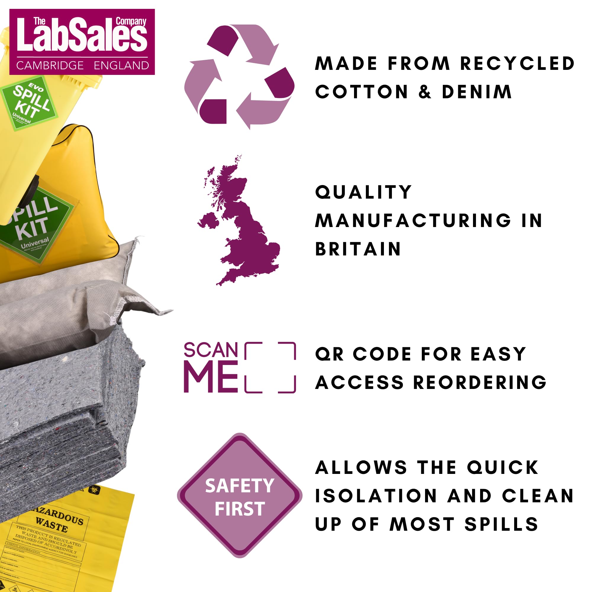 Labsales Kit de déversement écologique à usage général, tampons absorbants, chaussettes et sac d'élimination, pour huiles, carburant, peinture, graisse, eau et produits chimiques faibles, lot de 1 kit