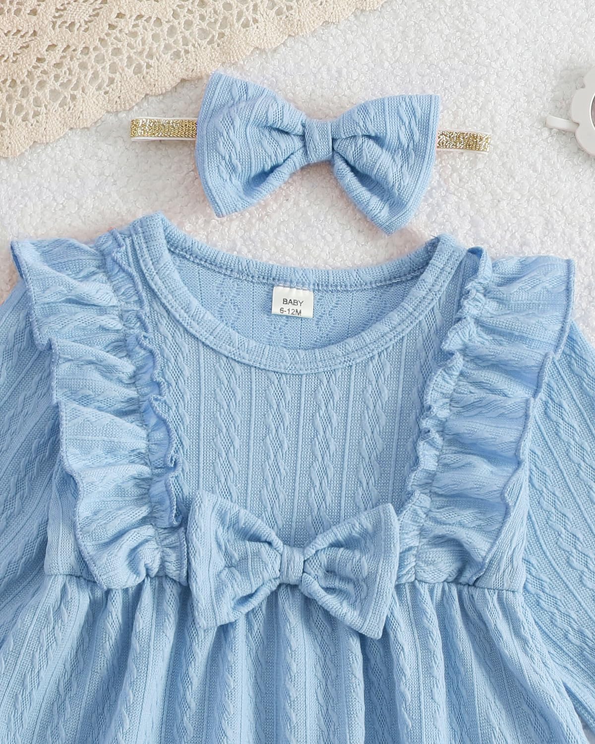 FishingDino Baby Kleid Mädchen Sommerkleid Set Gr. 62-92, Neugeborene Langarm Schmetterling Baby Kleidung Mädchen mit Stirnband, Weiche Babykleidung Süßes Babykleider Set