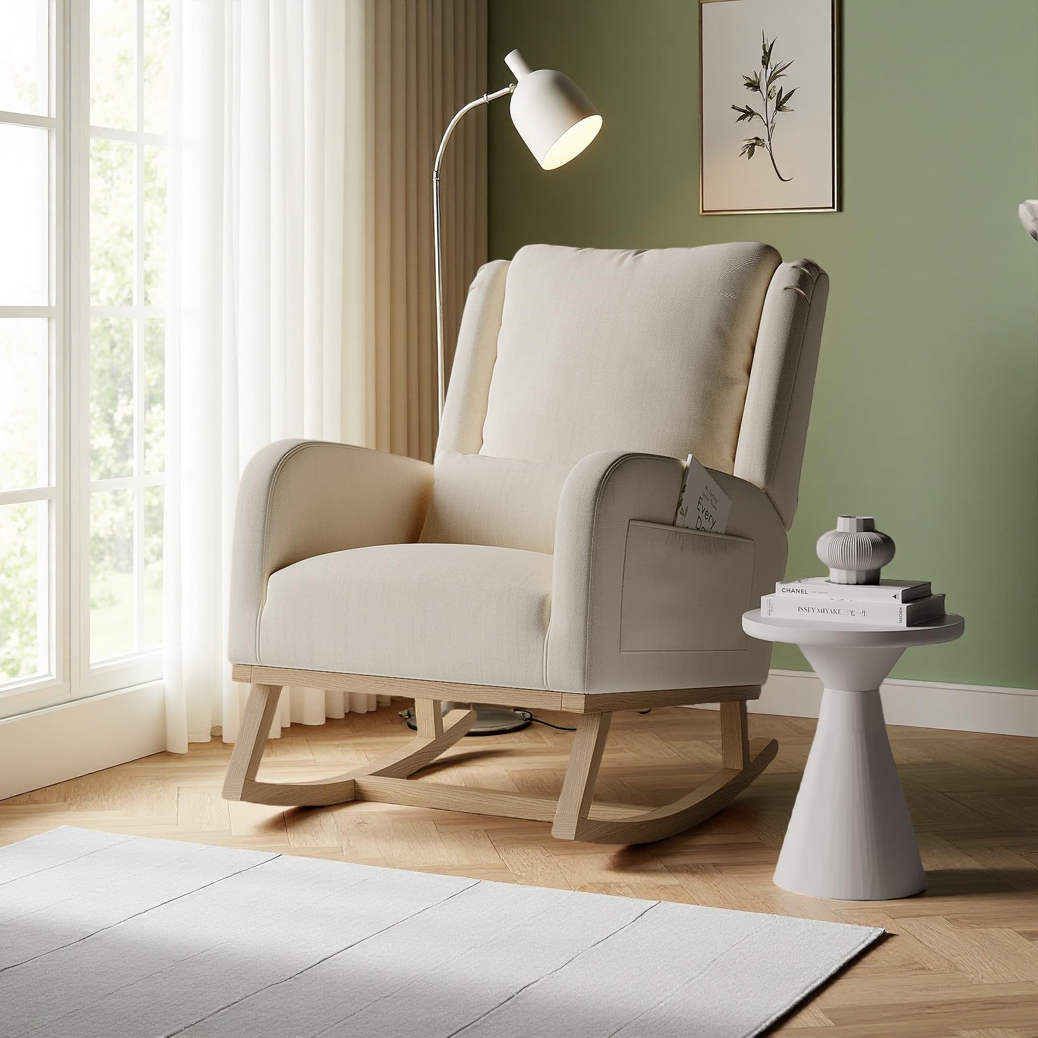 Teddy Mecedora, silla de relax multifuncional con patas de madera, sillón de lectura, silla de salón, ideal para salón y dormitorio (beige y lino)