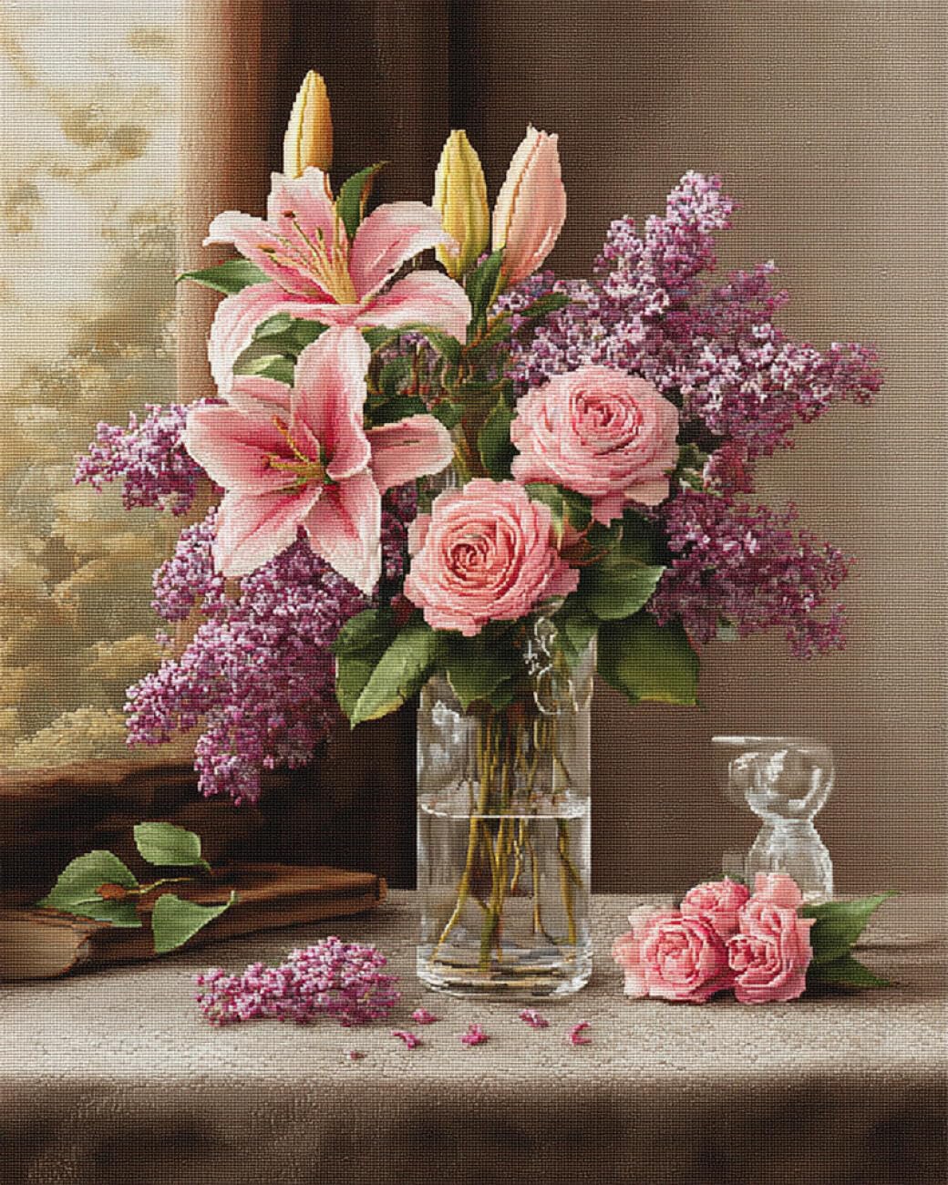 RKFLGEW 14CT Cross-Stitch Kits Lilies in A Vase Preprinted Fabric Cross Stitch DIY Art Needlecrafts Embroidery Kits for Adults Beginners 40x50cm