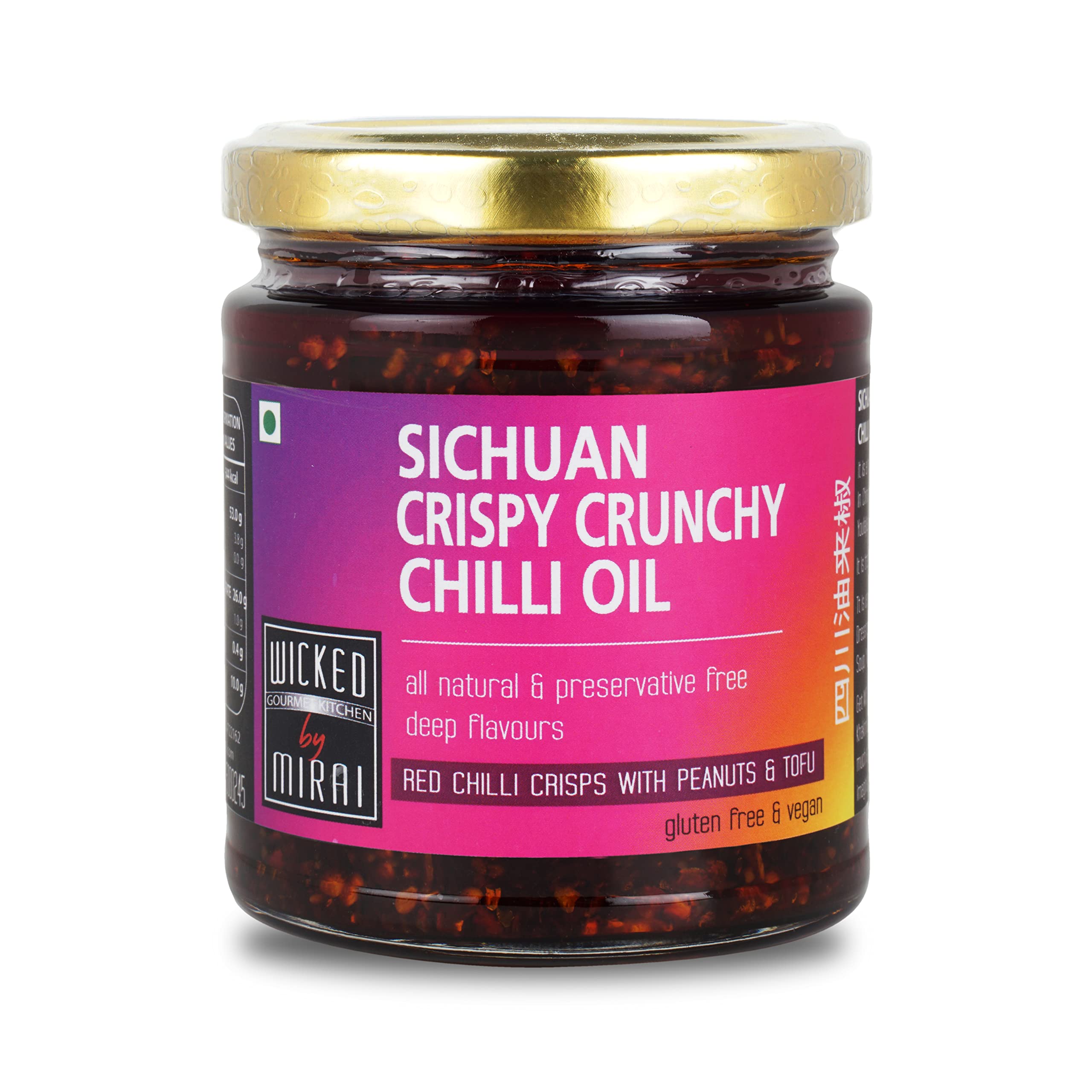 WICKED GOURMET KITCHEN by MIRAI – Sichuan Crispy Crunchy Chilli Oil I Pantry Essentials I Made with Real Kashmiri Chillies & Sichuan Peppercorns I Dip / Spread / Stir-Fry / Marinade I All Natural, Preservative Free, Vegan, Gluten Free I Eat with Noodles, Momos, Dumplings, Pizzas, Rice, Khakhras - Nett Wt.165g