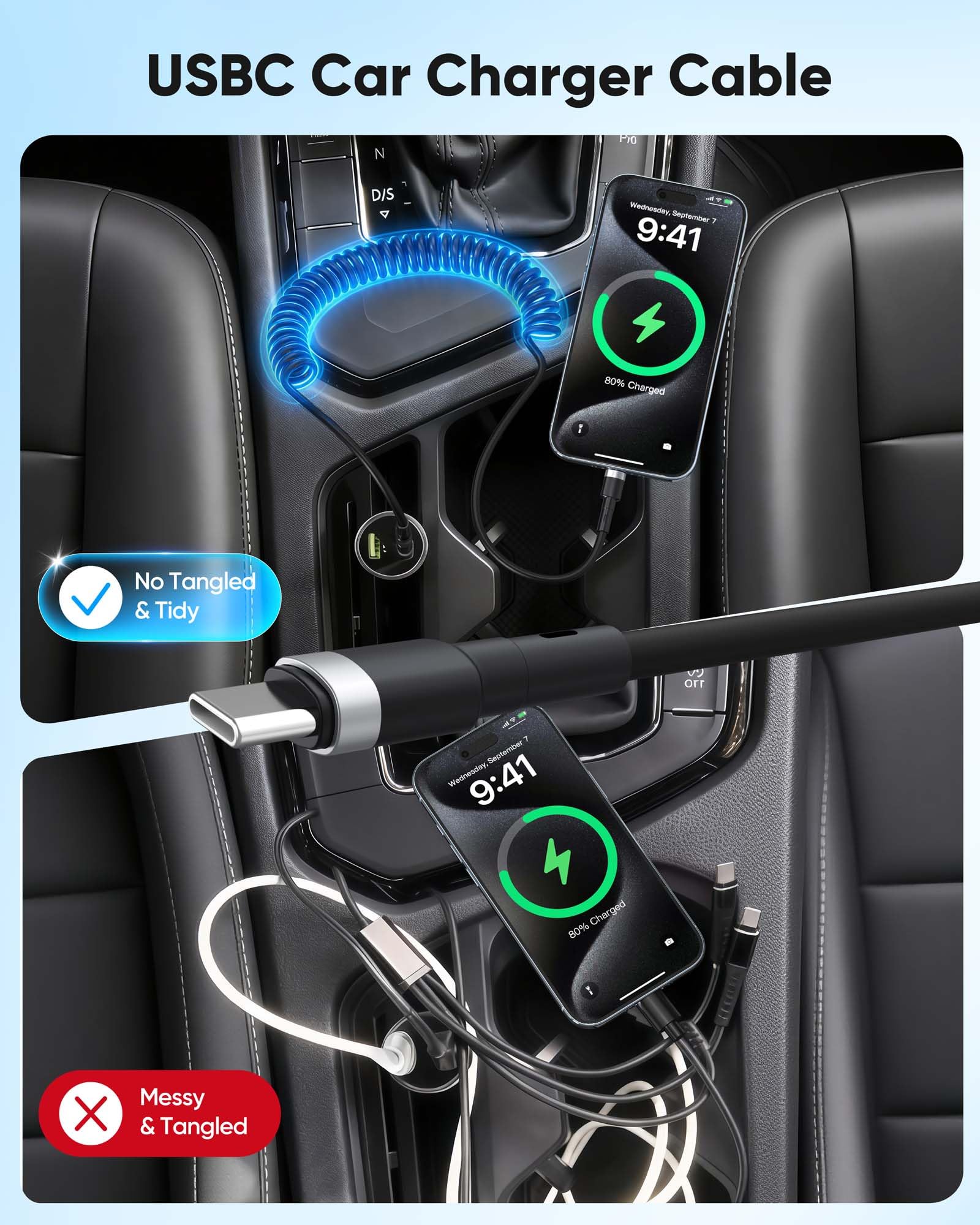 USBA-auf-USBC-Spiralkabel, 1,8 m, mehrfarbig, Kfz-Ladekabel für Handy