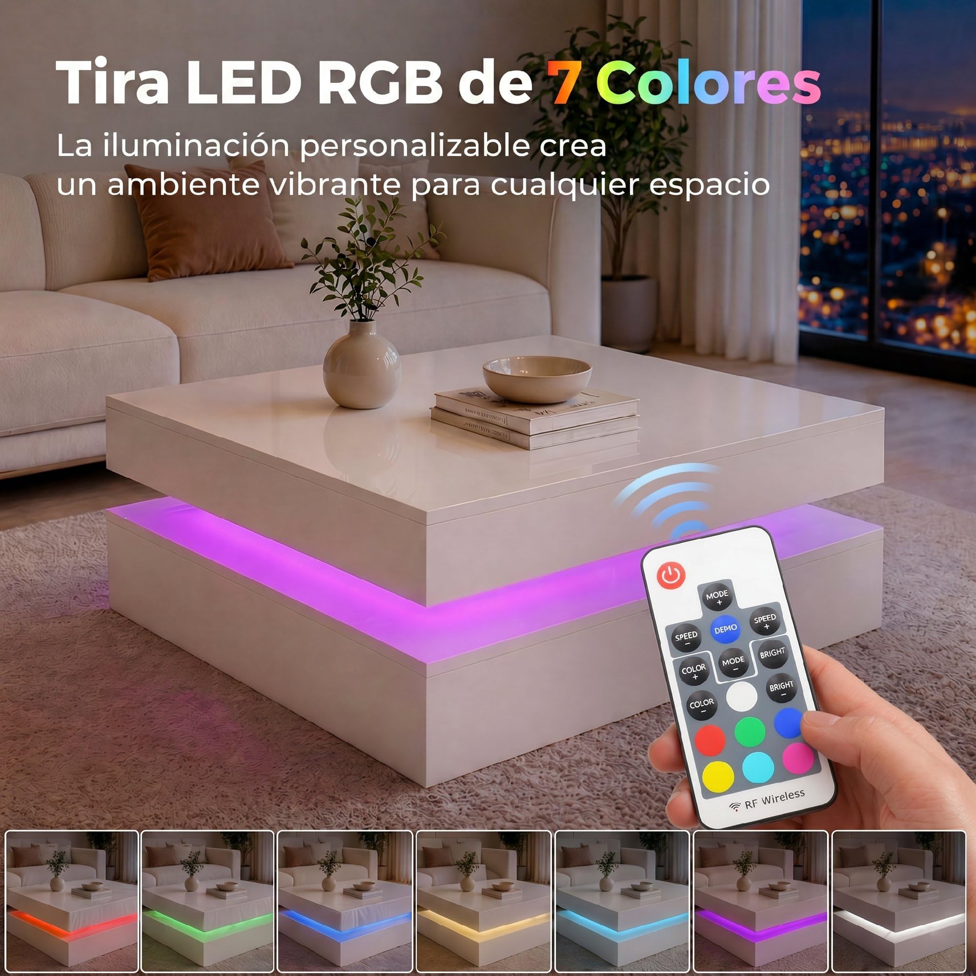 HOMCOM Mesa de Centro con LED RGB de 7 Colores 78x78x40 cm Blanco | Mesa de Café para Salón, Alto Brillo, con Mando a Distancia, Almacenamiento Abierto, Comedor, Oficina