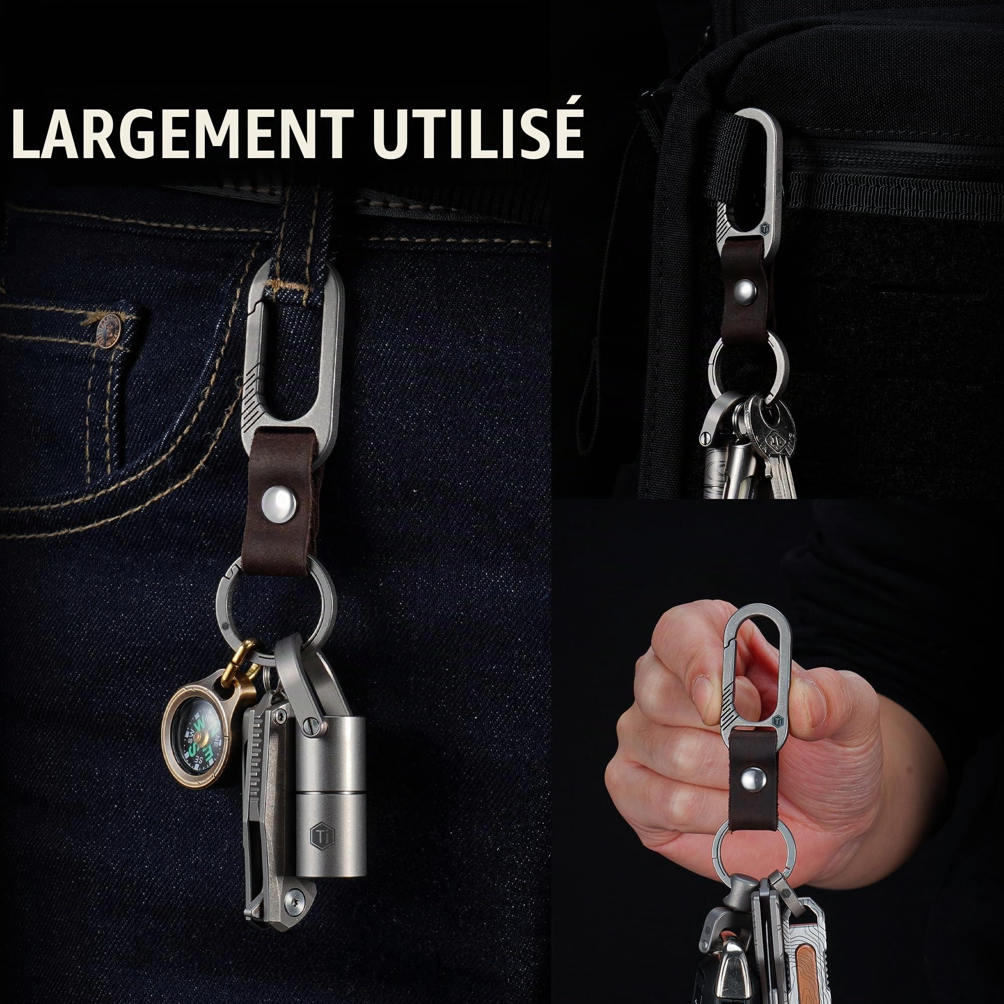 KeyUnity KM02 Clip Ceinture en Titane Mousqueton Porte-clés en Cuir avec Porte-clés Amovible en Acier Inoxydable