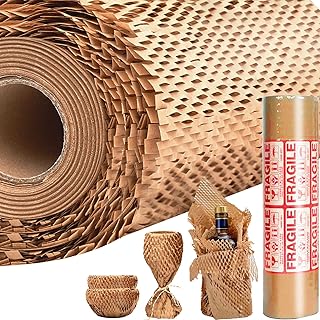 Honeycomb Packing Paper, 15"x 213' Eco Friendly Packing Paper for moving, Recyclable Honeycomb Packing Paper Wrapping Protective Roll With 12 Fragile Sticker Labels & 100Ft Jute Twine Brown