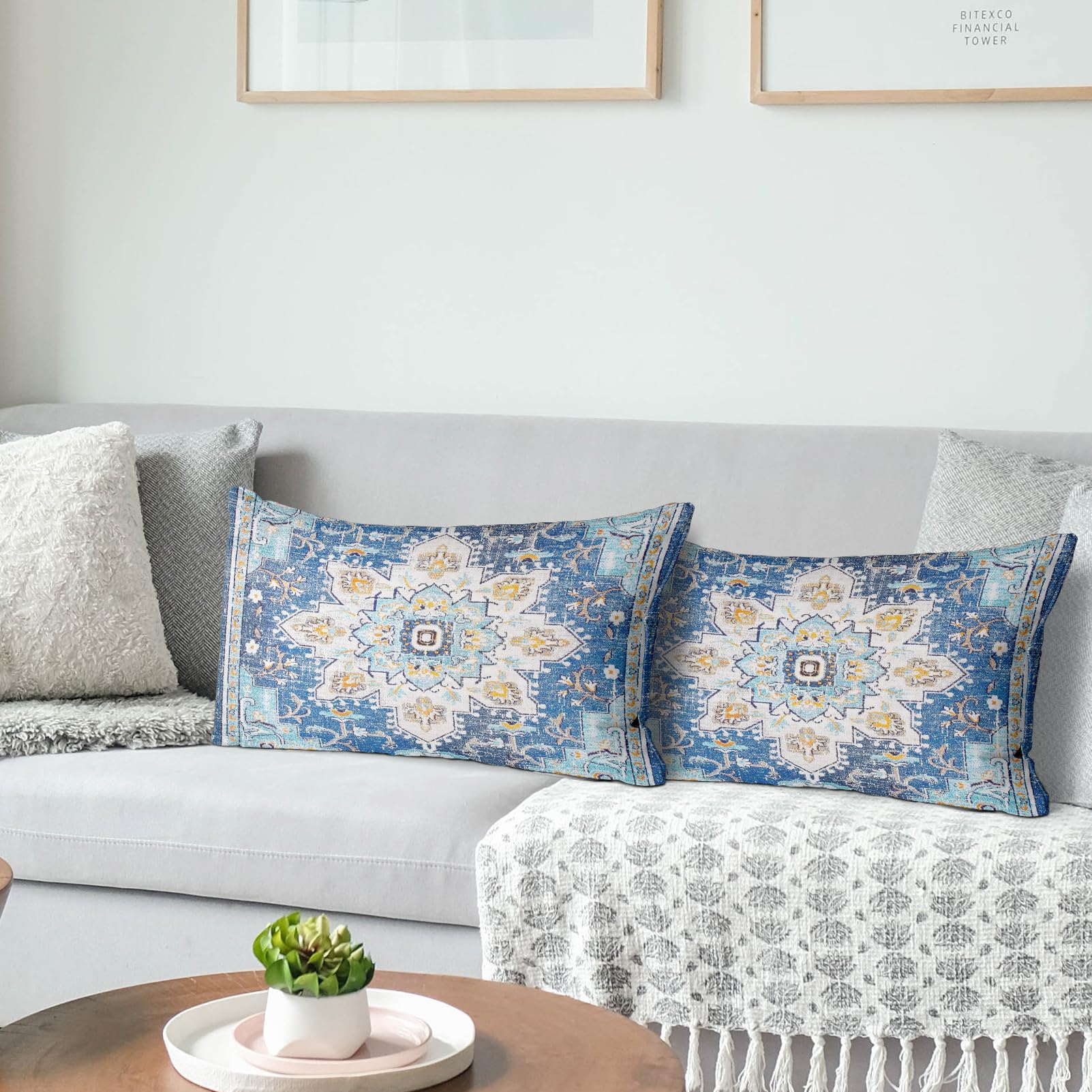 Snylcce Set of 2 Bohemian Style Cushion Covers 65x65 cm Decorative Square Throw Pillow Covers 26x26 Inch Sofa Car Pillowcase for Outdoor Home Bed Living Room Couch Decor (Blue boho) - Image 4