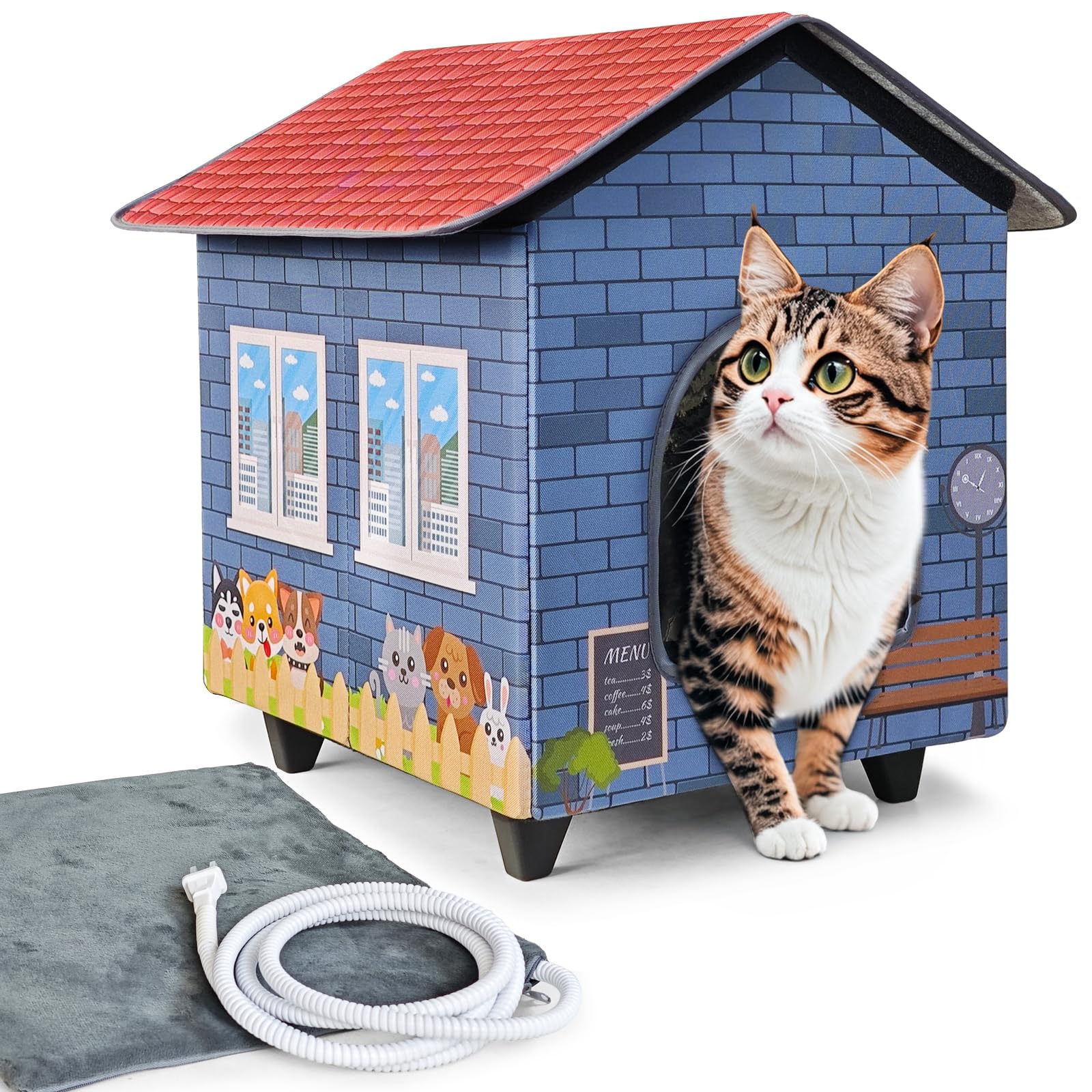 Elevated Base Heated Cat House for Outdoor,Heated Kitty House for Outside in Winter Blue