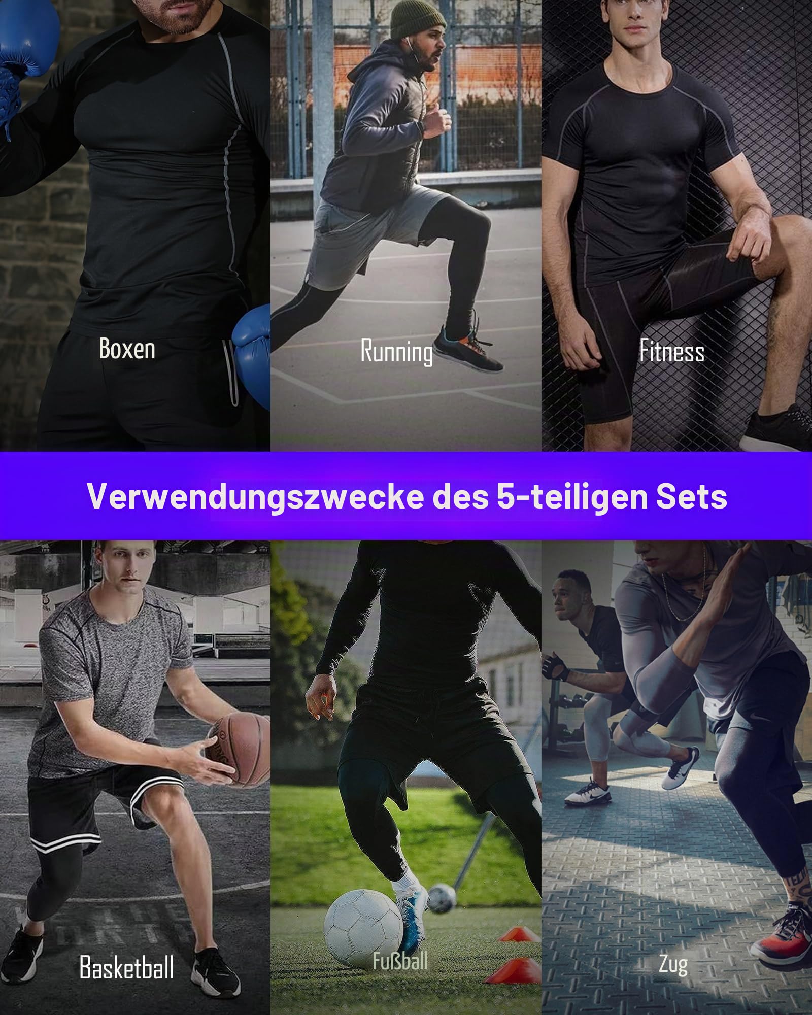 BOOMCOOL Männer Workout Kleidung Outfit Fitness Bekleidung Fitnessstudio Outdoor Laufen Kompressionshose Shirt Top Langarm Jacke 4PCS oder 5pcs