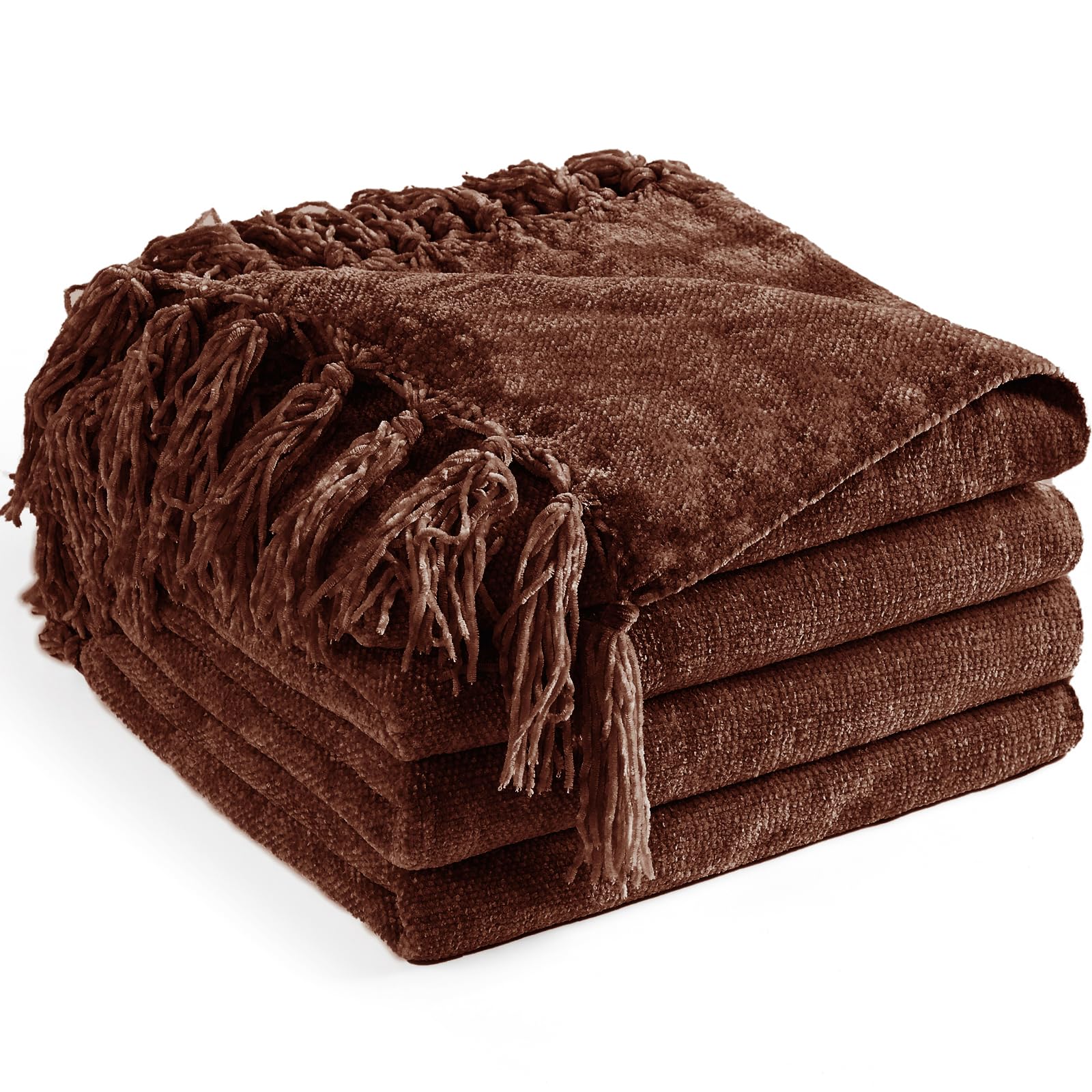 CREATE Chenille Throw Blanket - 50"X 60", Soft Cozy Blanket with Fringe Tassel for Bed, Sofa, Chair - Lightweight Knitted Decorative Farmhouse Boho Throw - Dark Brown