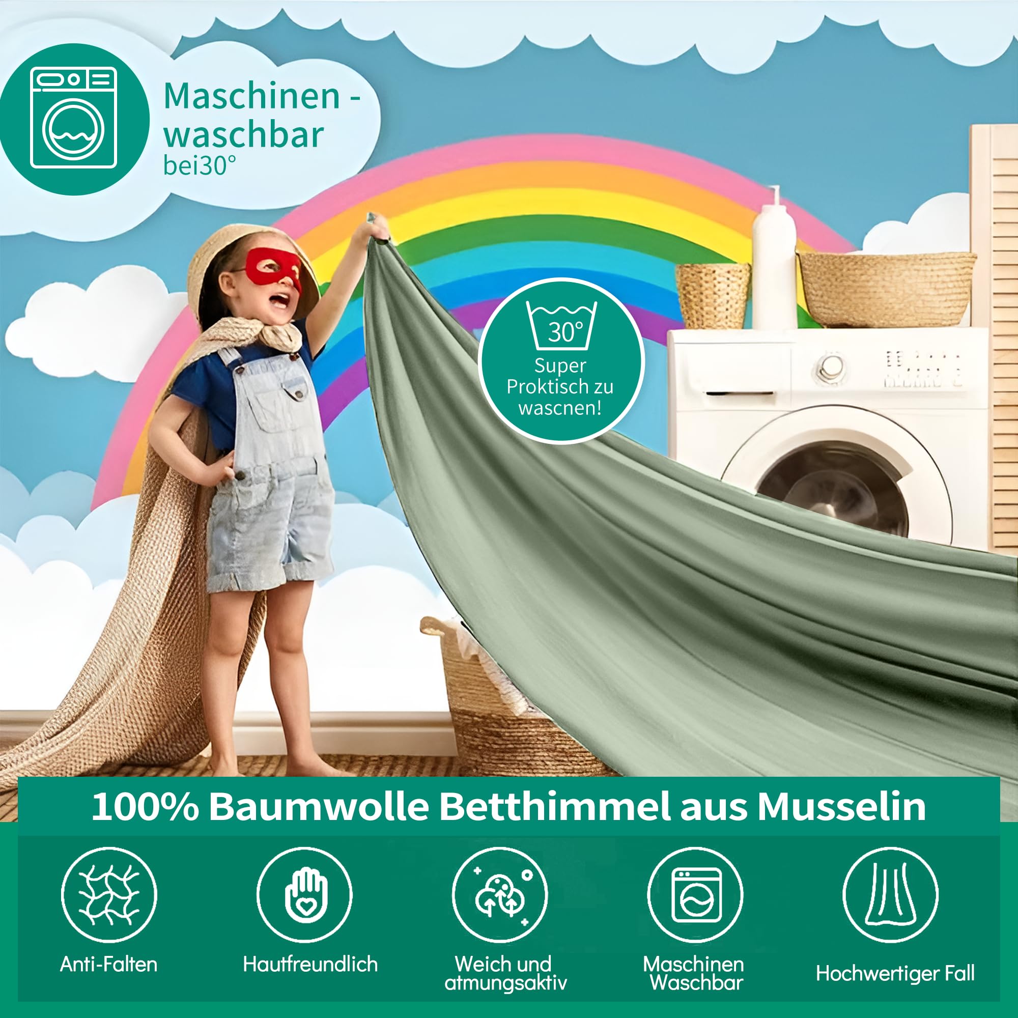 Juego de Decoración para Cama de Casa: Dosel de Muselina, 2 Doseles y 1 Banderín para Habitación Infantil - 67 x 270 cm
