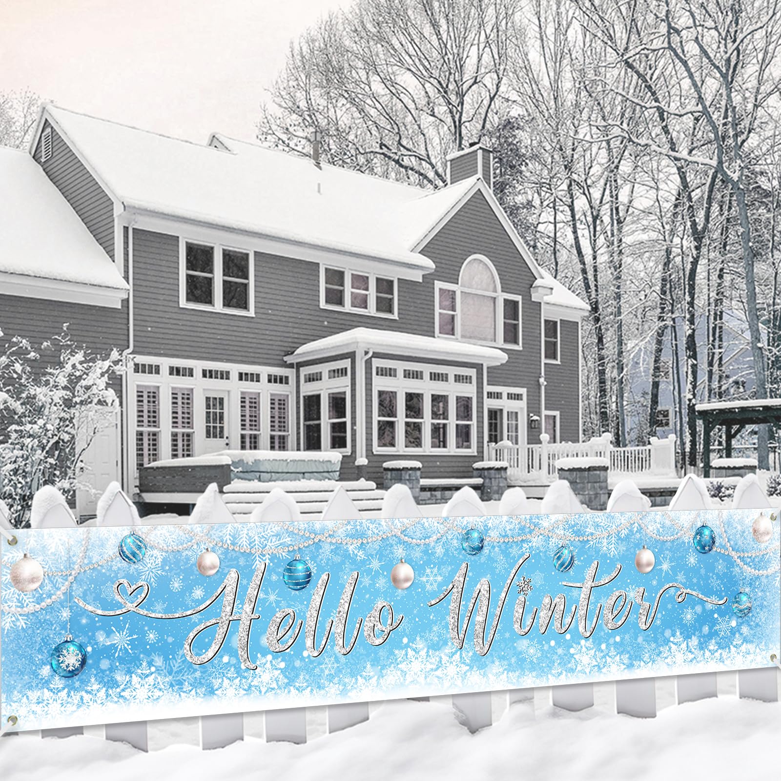Lecheme Winter Wonderland Banner 8x1.6 ft Hello Winter Backdrop Large Blue Snowflake Fence Banner Outdoor Frozen Yard Deco...