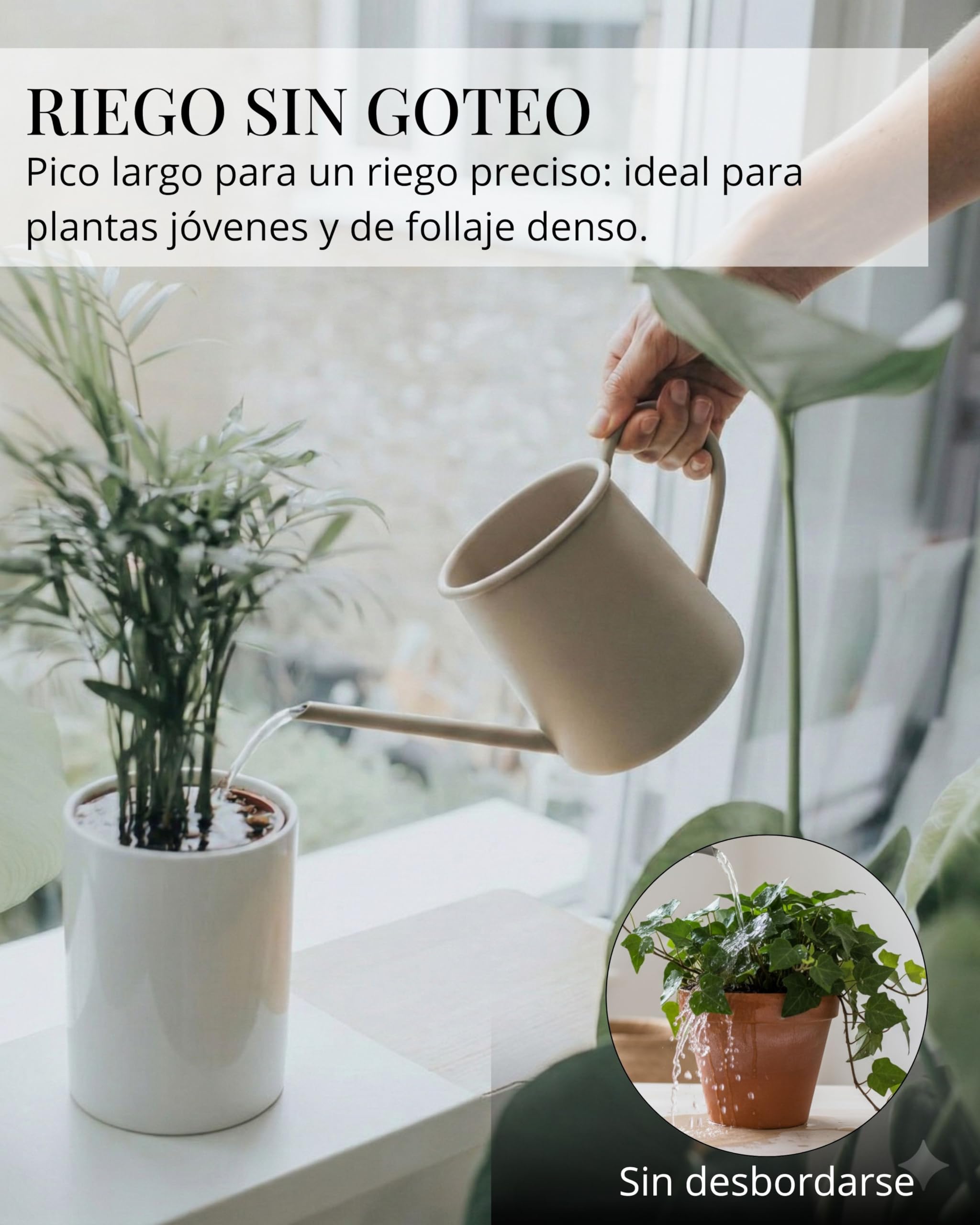 LIVLIG Regadera Pequeña 1 Litro – Metal con Pitorro Largo para Plantas Interior, Bonsai y Suculentas, Acabado Mate, Beige