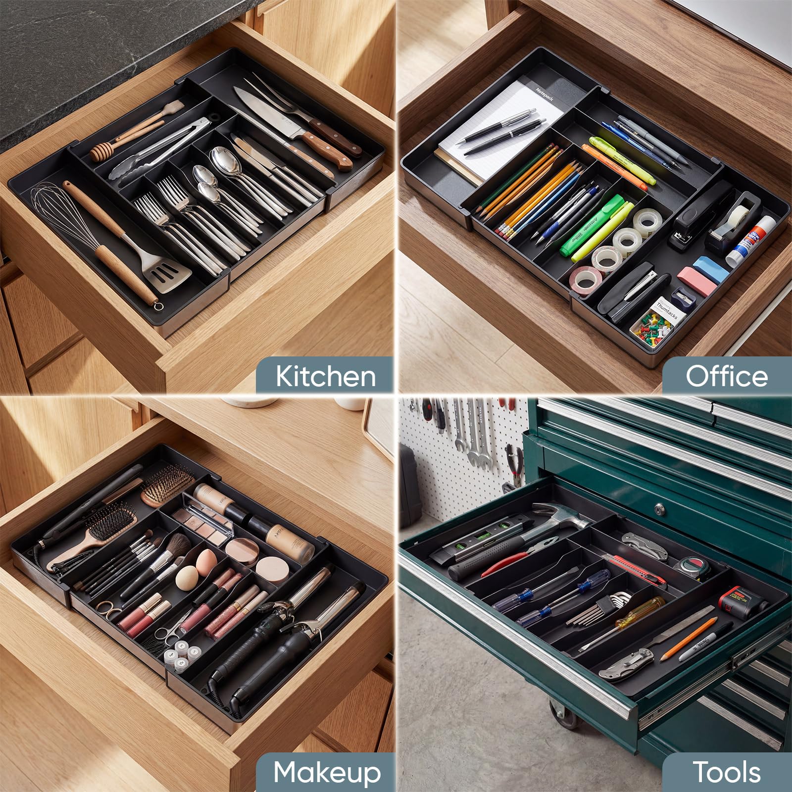 Organizzatore di argento extra grande, Organizzatore di cassetto da cucina espandibile a 9 slot, Portautensili nero