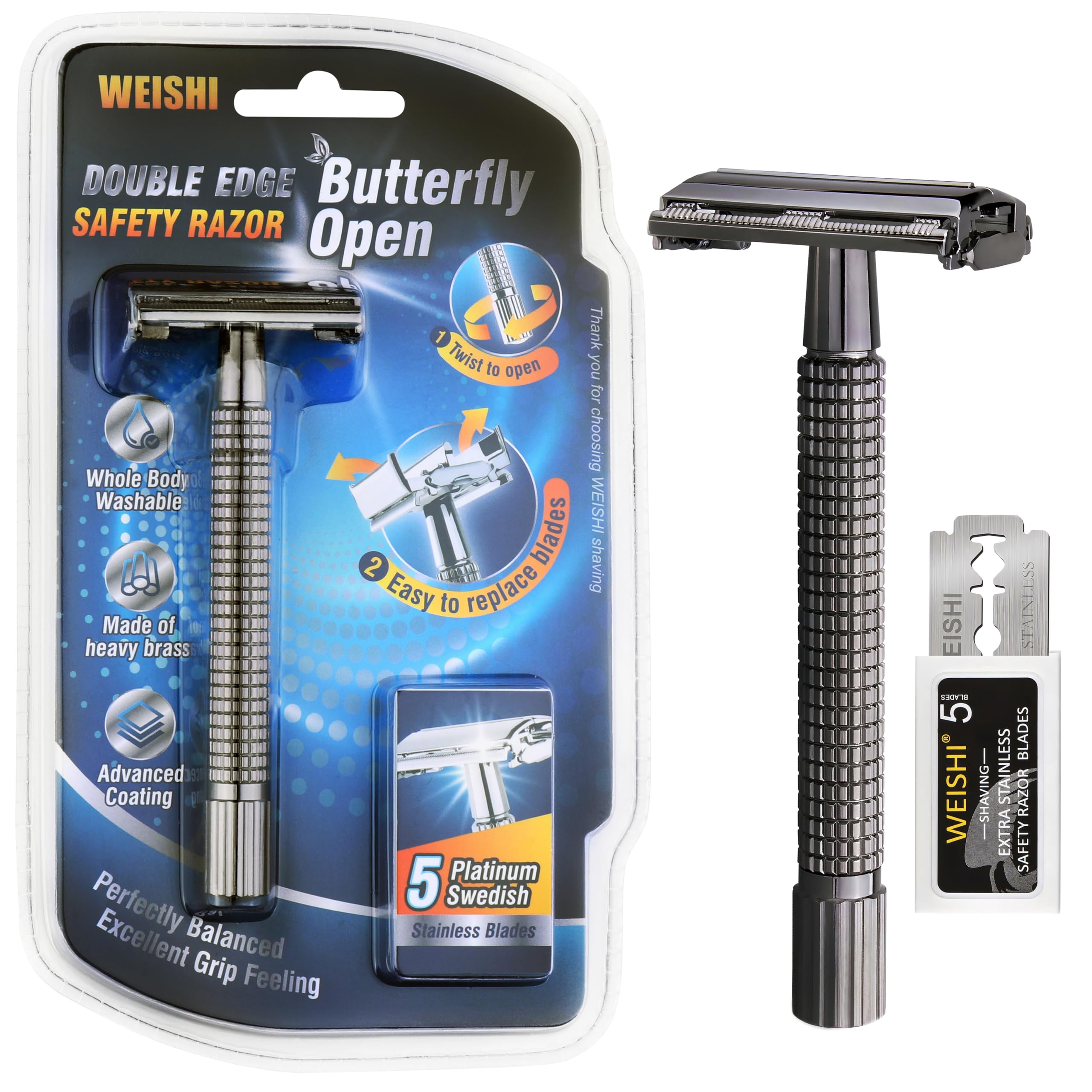 WEISHI Butterfly Open Double Edge Safety Razor for Men, Nostalgic Long Handle with 5 Stainless Razor Blades, Reusable Wet Shave Tool for Smooth, Close Shave