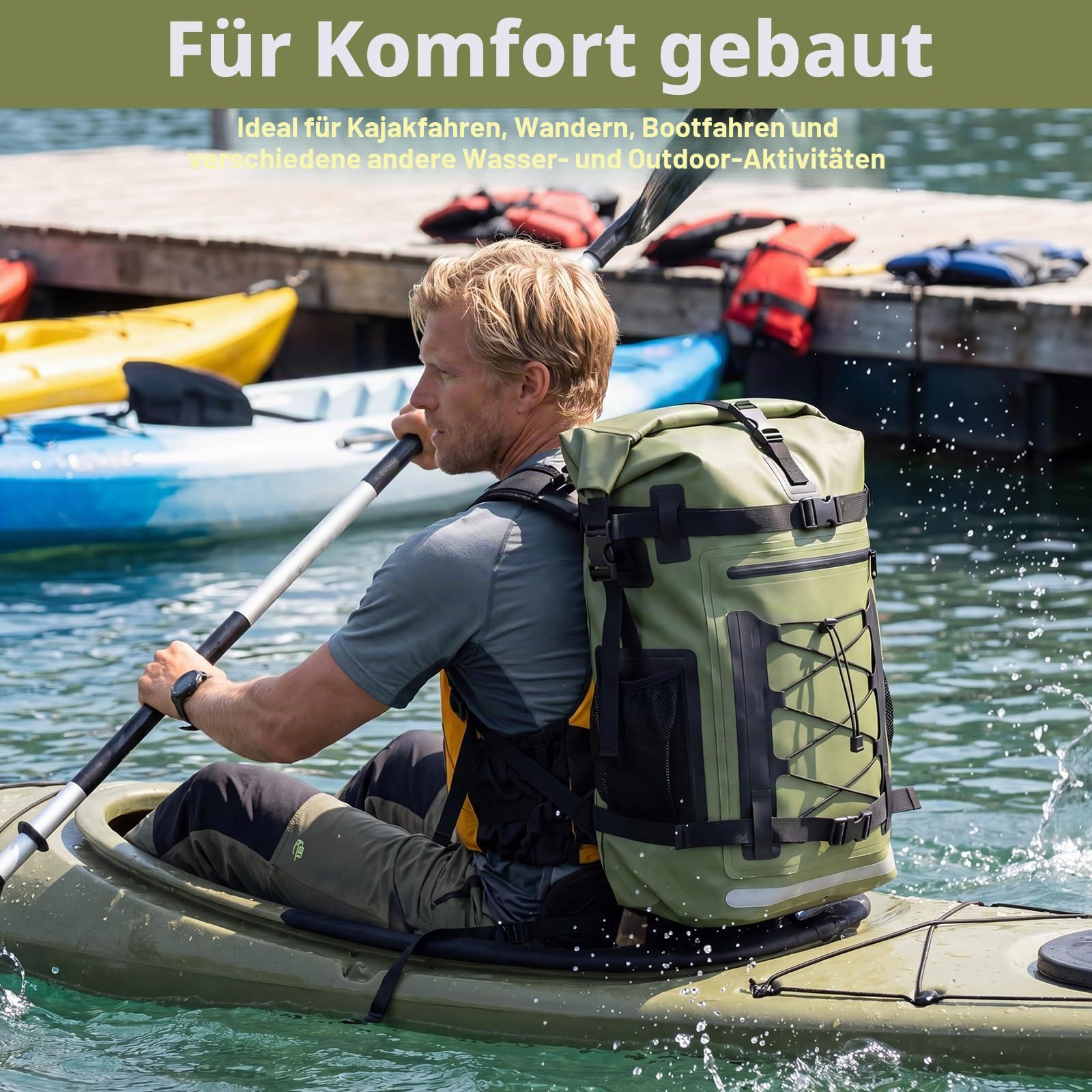 XREE 40-Liter Dry Bag, Militärgrün Waterproof Bag, Wasserdichter Beutel mit Rollverschluss für Outdoor-Aktivitäten wie Reisen, Wandern, Kajakfahren, Camping und Wassersport
