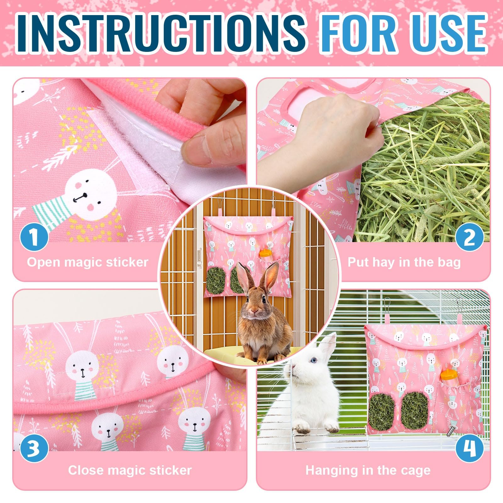 UPINS 2 Pack Hay Bag for Rabbits 2-Hole Hanging Hay Feeder Guinea Pig Hay Bags - Image 4