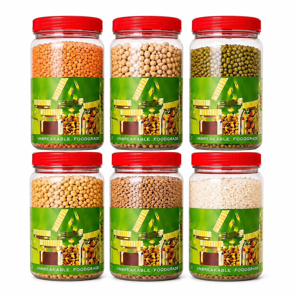 ANGIX 6 x 1500ml Plastic Storage Jars & Canisters with Screw Top Lids, Airtight Food Storage Containers for Kitchen, Food, Spices, Herbs & Sweets, Clear Canister Pots
