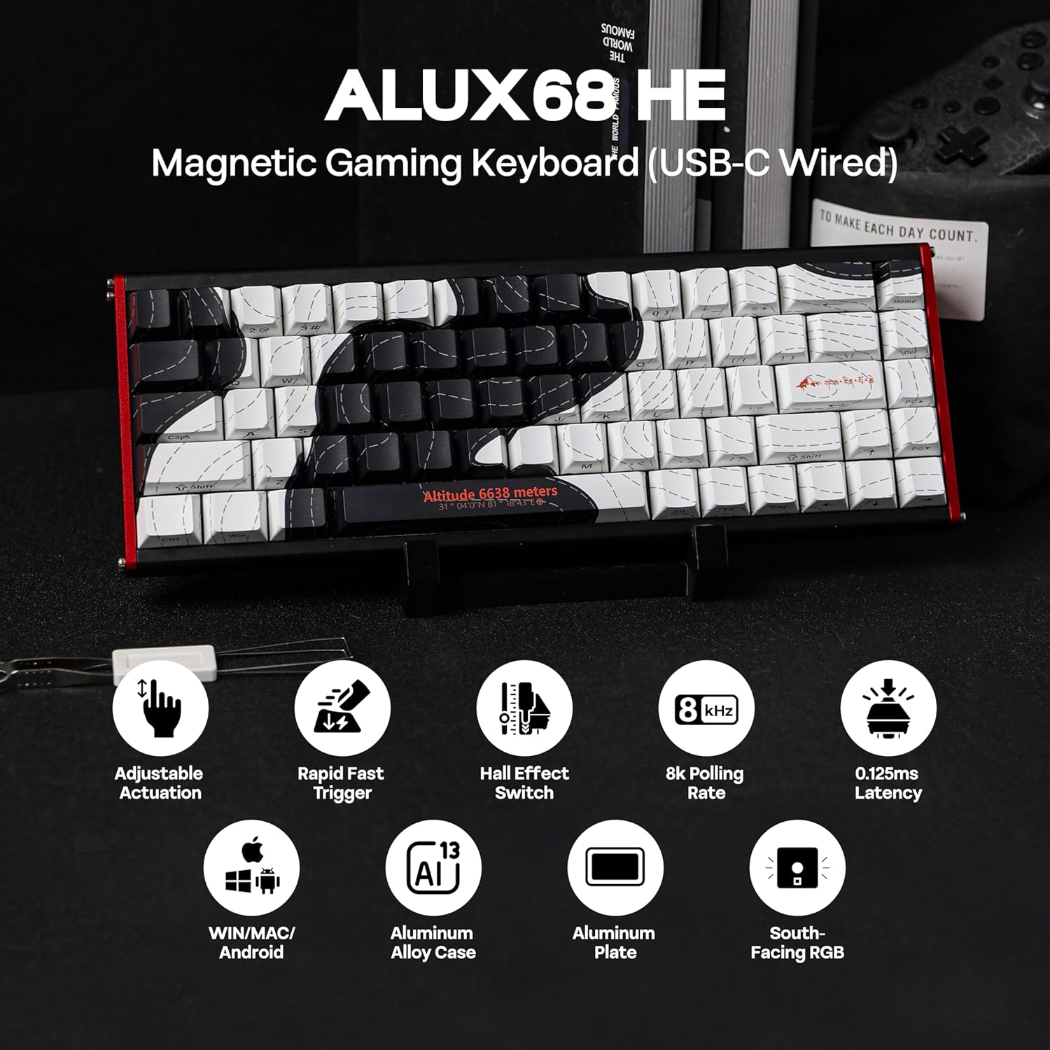 AJAZZ ALUX68 HE Aluminum Rapid Trigger Gaming Keyboard with Magnetic Switch, Wired Hall Effect Keyboard with 8K Polling Rate, 0.125ms Latency, RGB Backlight (Black Topographic, ALUX68 MAX)