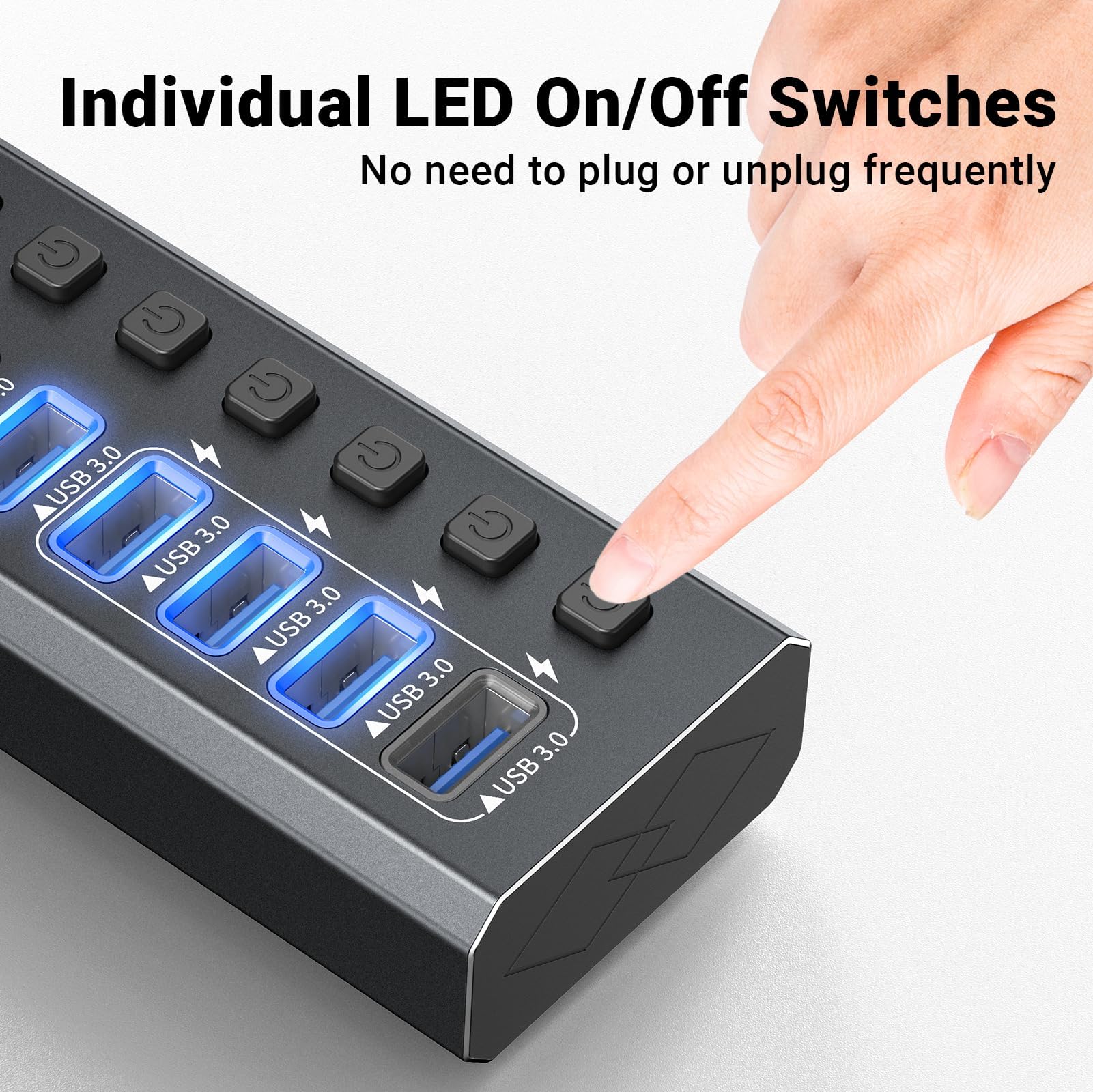 Hub USB 3.0 alimenté en aluminium, 7 ports USB SuperSpeed avec adaptateur d'alimentation 12 V/2 A et interrupteur marche/arrêt individuel pour Surface Pro, Windows, PC, ordinateur portable, ordinateur