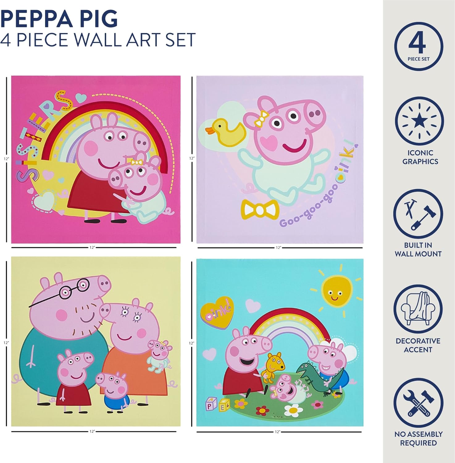 Peppa Pig 4 Piece Wall Art Set,Kids Room Décor, Nursery & Playroom Decoration, Cartoon Character Canvas Prints,Each 11"x11"