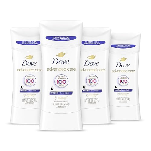 Dove Desodorante antitranspirante en barra, sin marcas blancas en 100 colores, protege contra el sudor y el olor, para mujer, 48 horas, 4 unidades,
