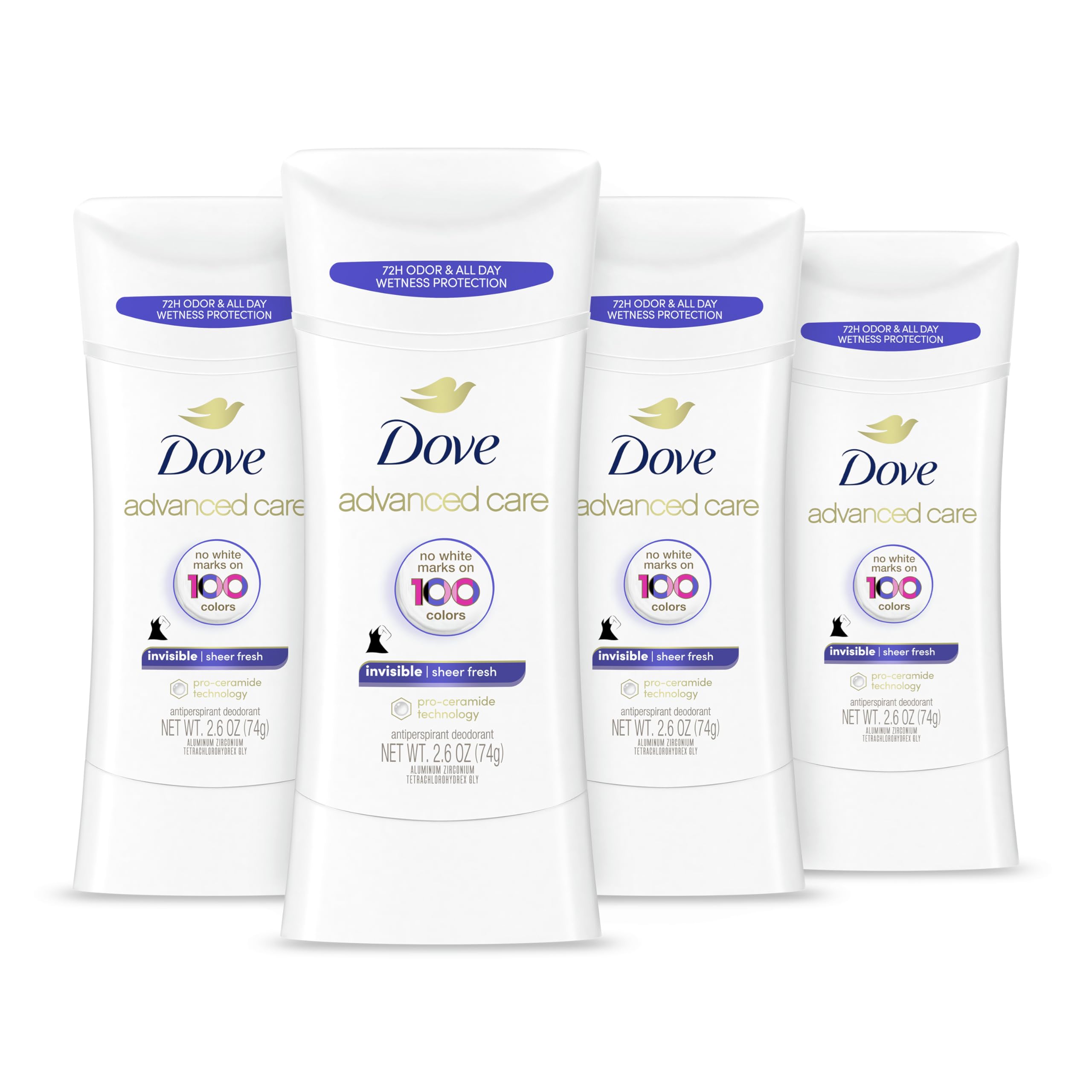 Dove Antiperspirant Deodorant Stick No White Marks on 100 Colors Sheer Fresh 48Hour Sweat and Odor Protecting Deodorant for Women oz 4 Count, 2.6 Ounce
