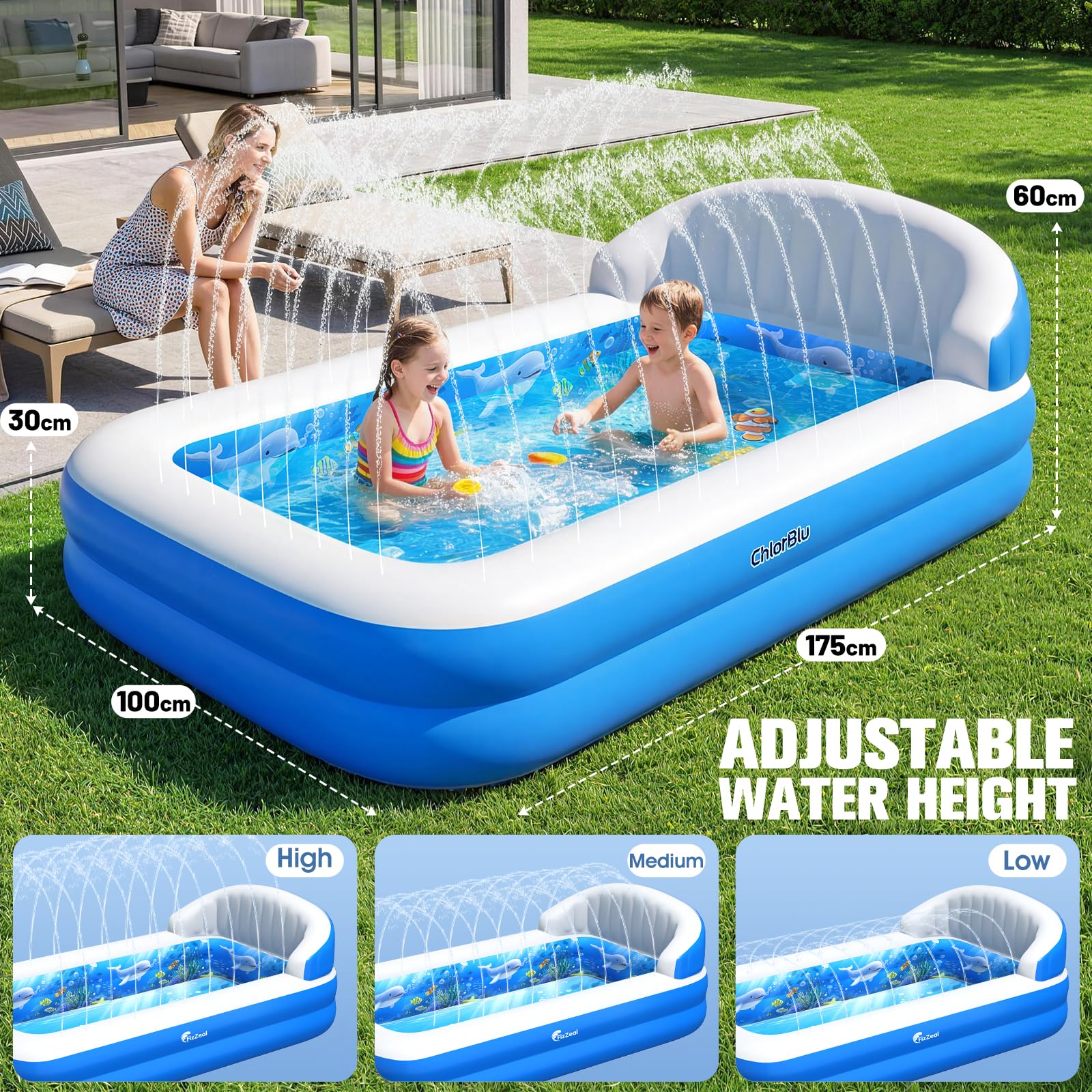 ChlorBlu Piscina Hinchable con Rociador, Piscina Inflable Adultos, Piscina Hinchable Rectangular para Adultos, Piscinas Hinchables, Piscina Hinchable Familiar Reforzada para Exteriores