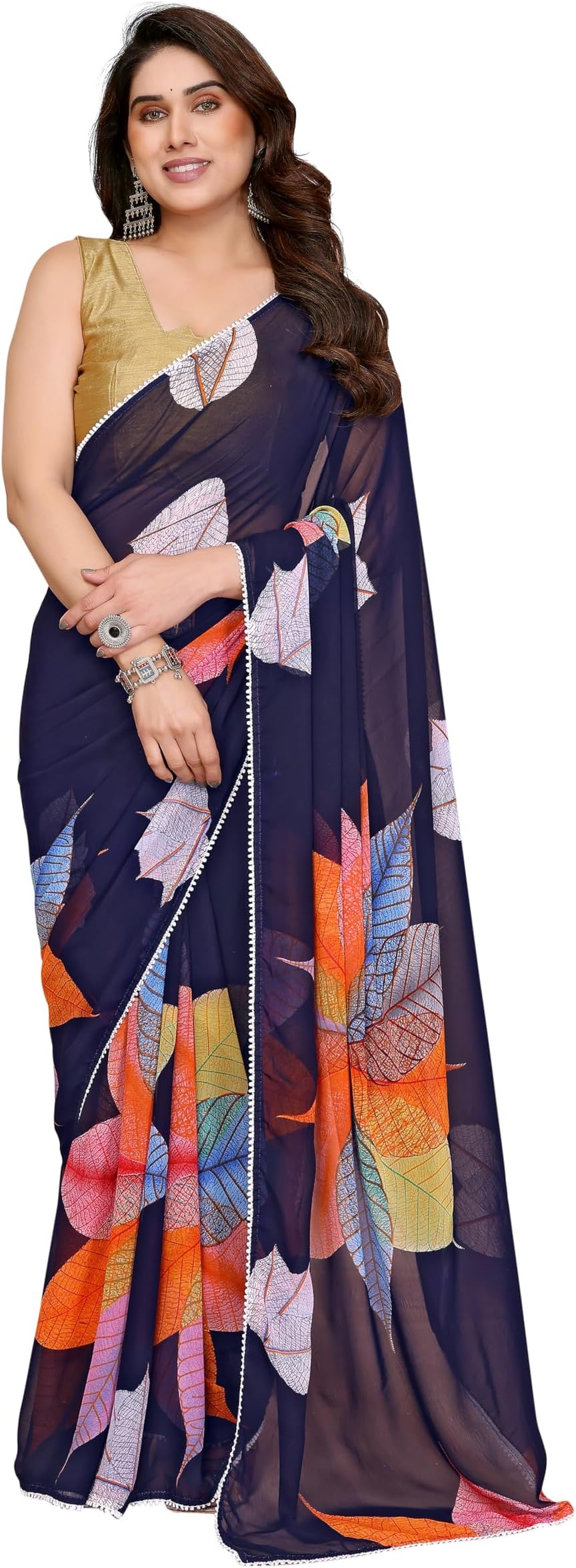 Women's Party Wear Georgette Printed Border Ready To Wear Saree With Unstiched Blouse Piece