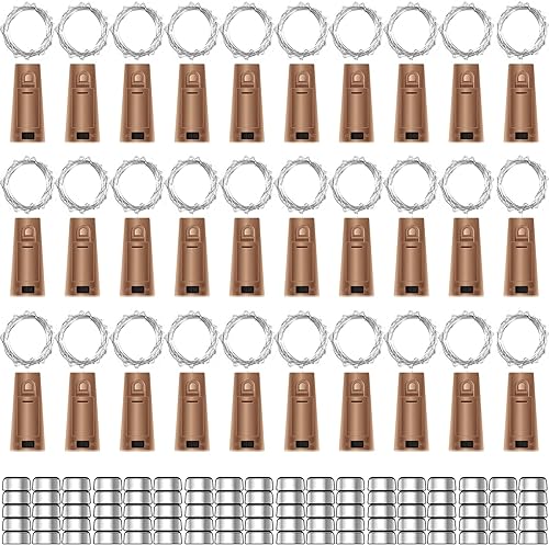 Paquete de 30 luces para botella de vino con corcho, luces de botella de corcho, funciona con pilas, cable plateado de 6.6 pies, 20 luces LED, luces