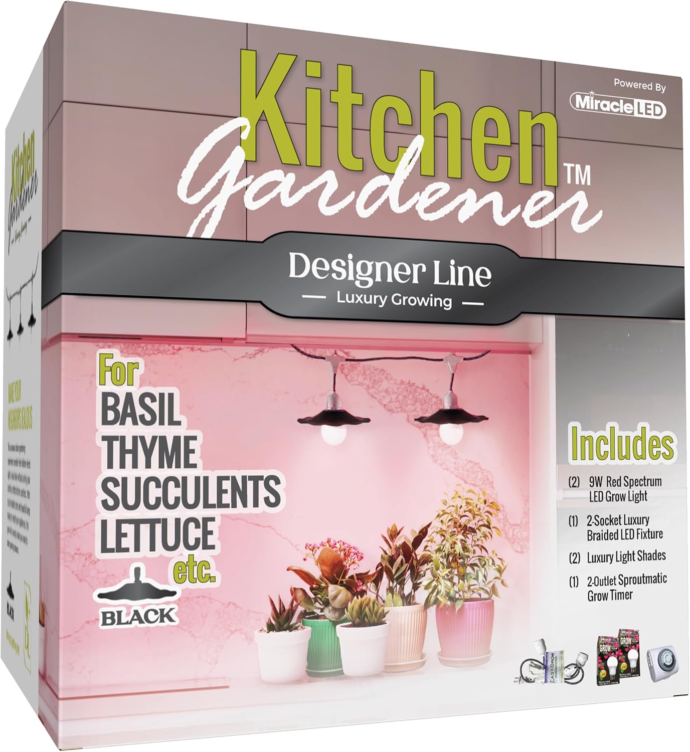 Miracle LED Kitchen Gardener Designer Line Indoor Grow Kit - Includes 2 Absolute Daylight Red Spectrum 100W Replacement Grow Bulbs & 1 2-Socket Black Shaded Cord Fixture with Timer