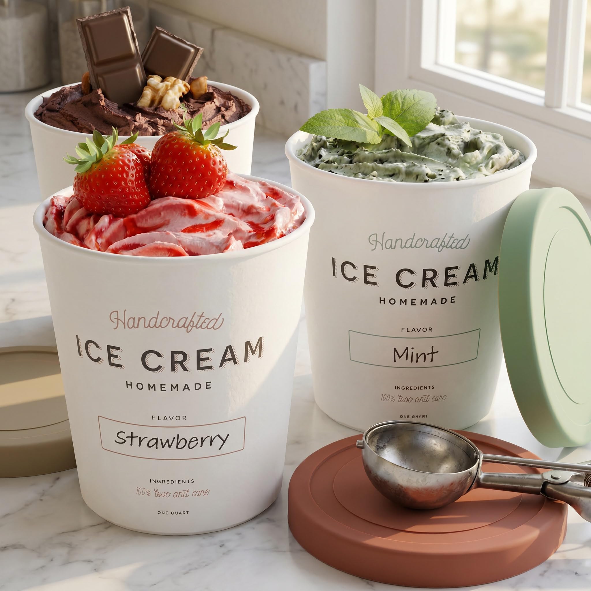 ZICOTO Set of 3 Reusable Ice Cream Containers 1 Quarts ea. - Perfect for Homemade Sorbet, Frozen Yogurt Or Gelato - Stackable Storage Pint Containers, Stickers And Lids Stores Easily In Freezer