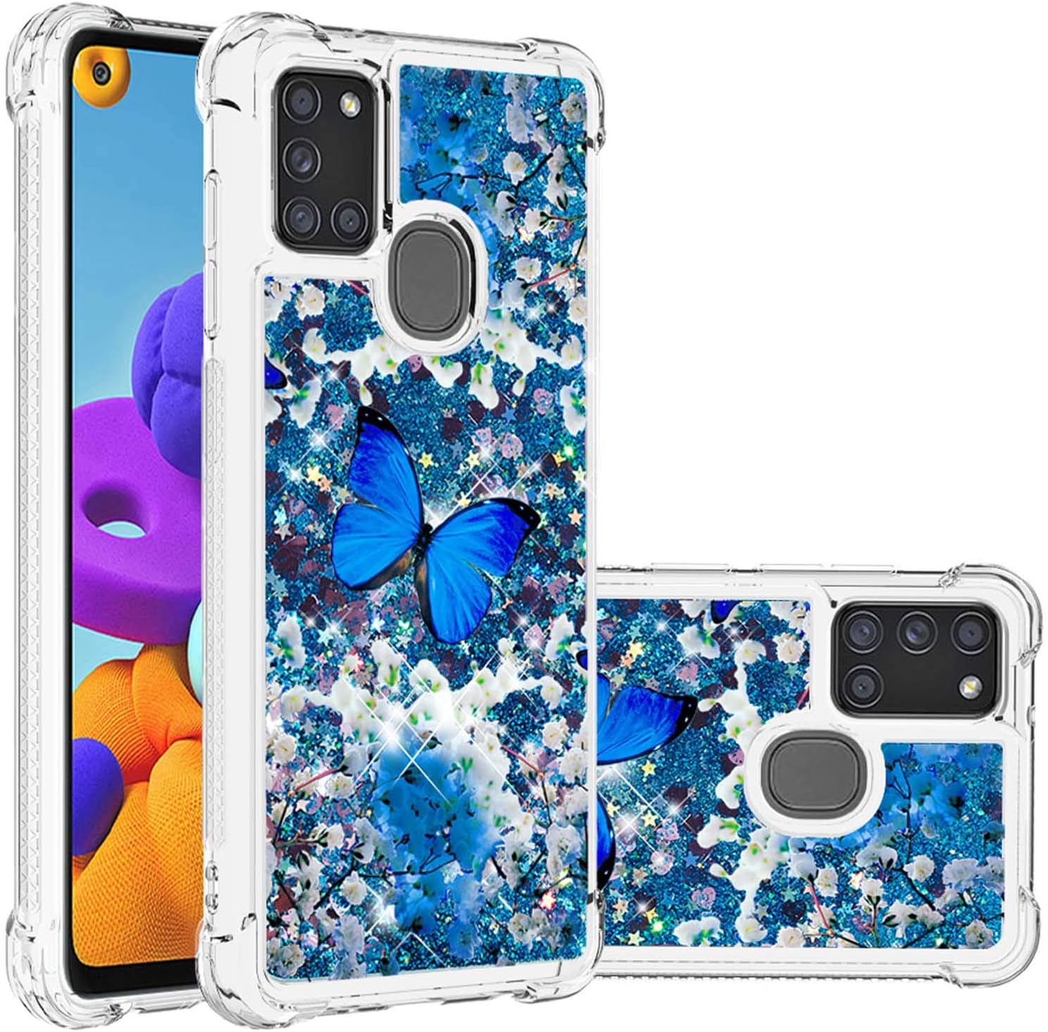 CAIYUNL for Galaxy A21S Case with Tempered Glass Screen Protector,Glitter Bling Floating Liquid Sparkle Quicksand Women Girls Clear TPU Cute Phone Case Protective for Samsung Galaxy A21S -Butterfly
