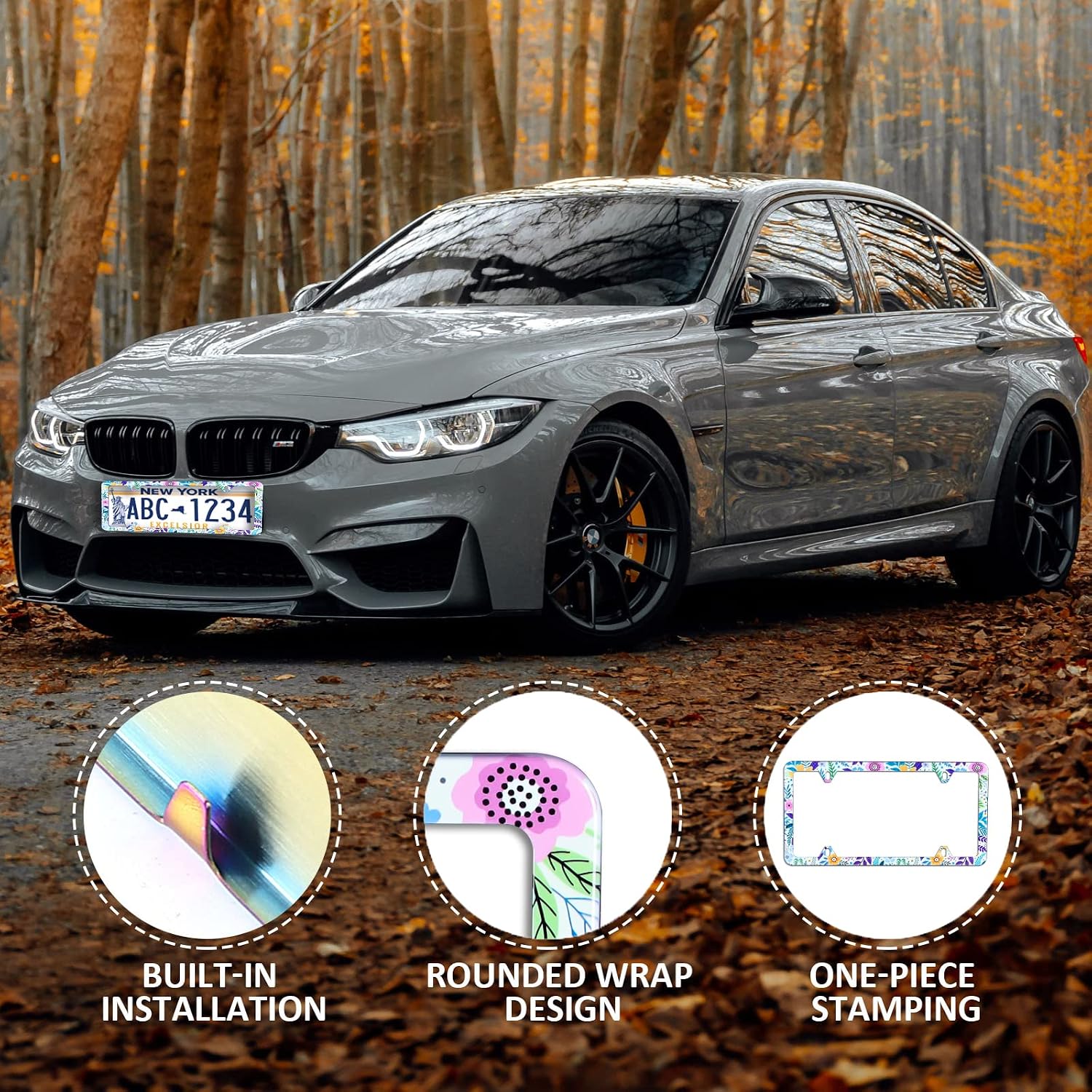 【2Pcs】 Floral Bright Colorful Flowers Leaves Personalise License Plate Frame Stainless Steel Car License Plate Frame Tag Accessory Car Plate Frame Decor for US Vehicle Standard Size