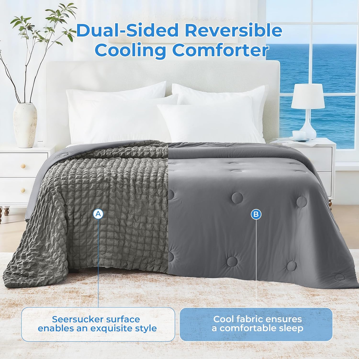 Seersucker Cooling Comforter Queen Size, Q-Max 0.45 Reversible Cooling Blanket for Hot Sleepers, Breathable Lightweight Silk Smooth Summer Bedding, Quilted Ice Blanket, Dark Gray