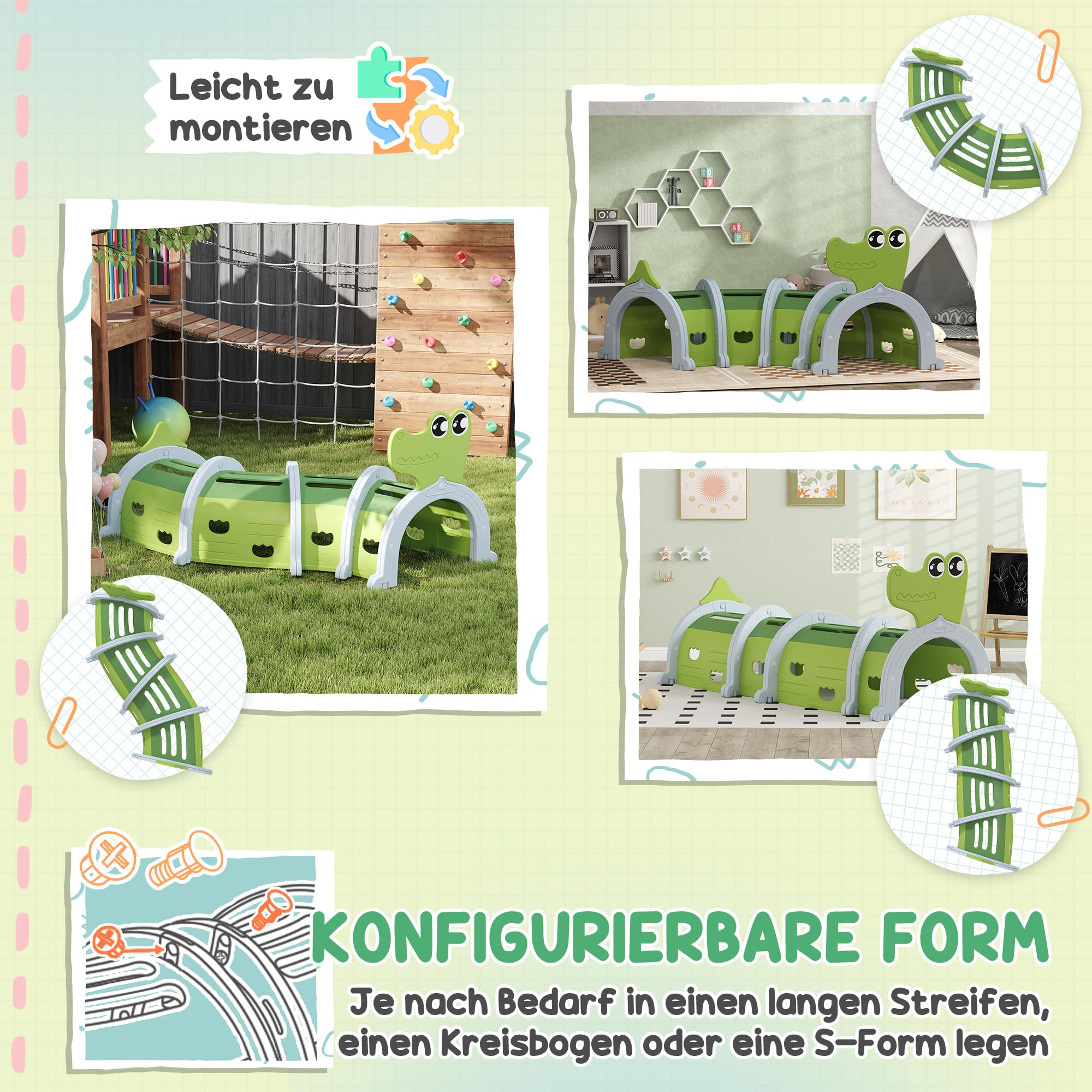 AIYAPLAY Spieltunnel 194 cm Kinder Tunnel aus HDPE Krabbeltunnel in Cartoon-Krokodil Kriechtunnel für Kinder 3-6 Jahre, Grün