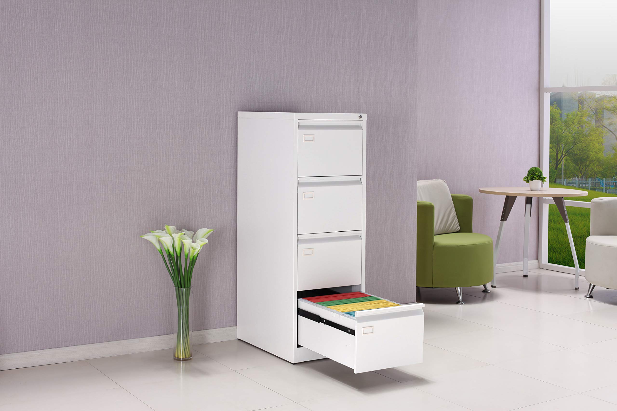 OFITURIA ® Archivador Metálico Tipo Bisley Organizativo De Oficina Blanco Con 4 Cajones para Carpetas DIN A4 Y Folio, Documentos Con Llave, 132 X 46 X 62 (1 Unidad, Blanco 4 Cajones)