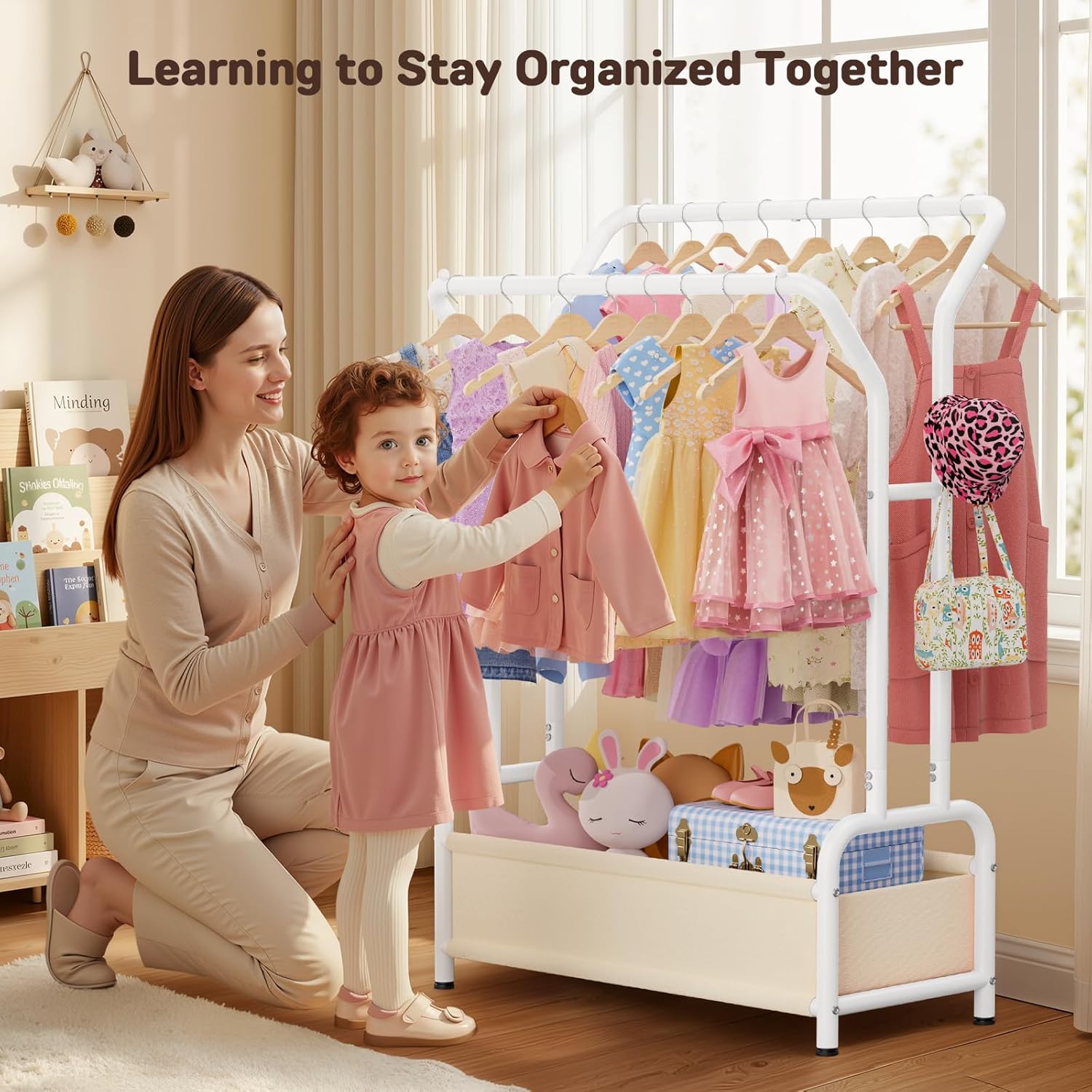 Kids Clothing Rack with Double Hanging Rods and Storage Basket, Child-Height Dress Up Storage for Toddler, Open Kids Closet for Baby Clothes, Costumes, Shoes and Toy, Kids Clothes Rack Bedroom (White)