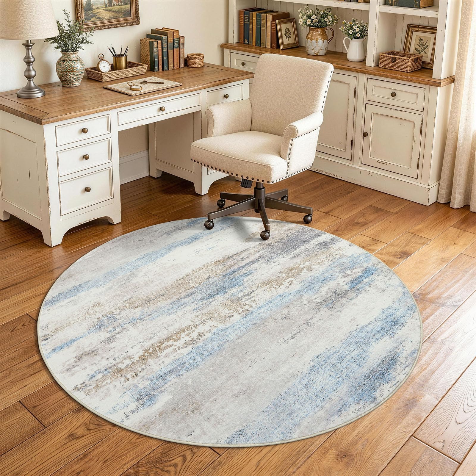 Homaxy Modern Abstract Round Rugs Living Room 120 x 120 cm Beige&Blue — image 1