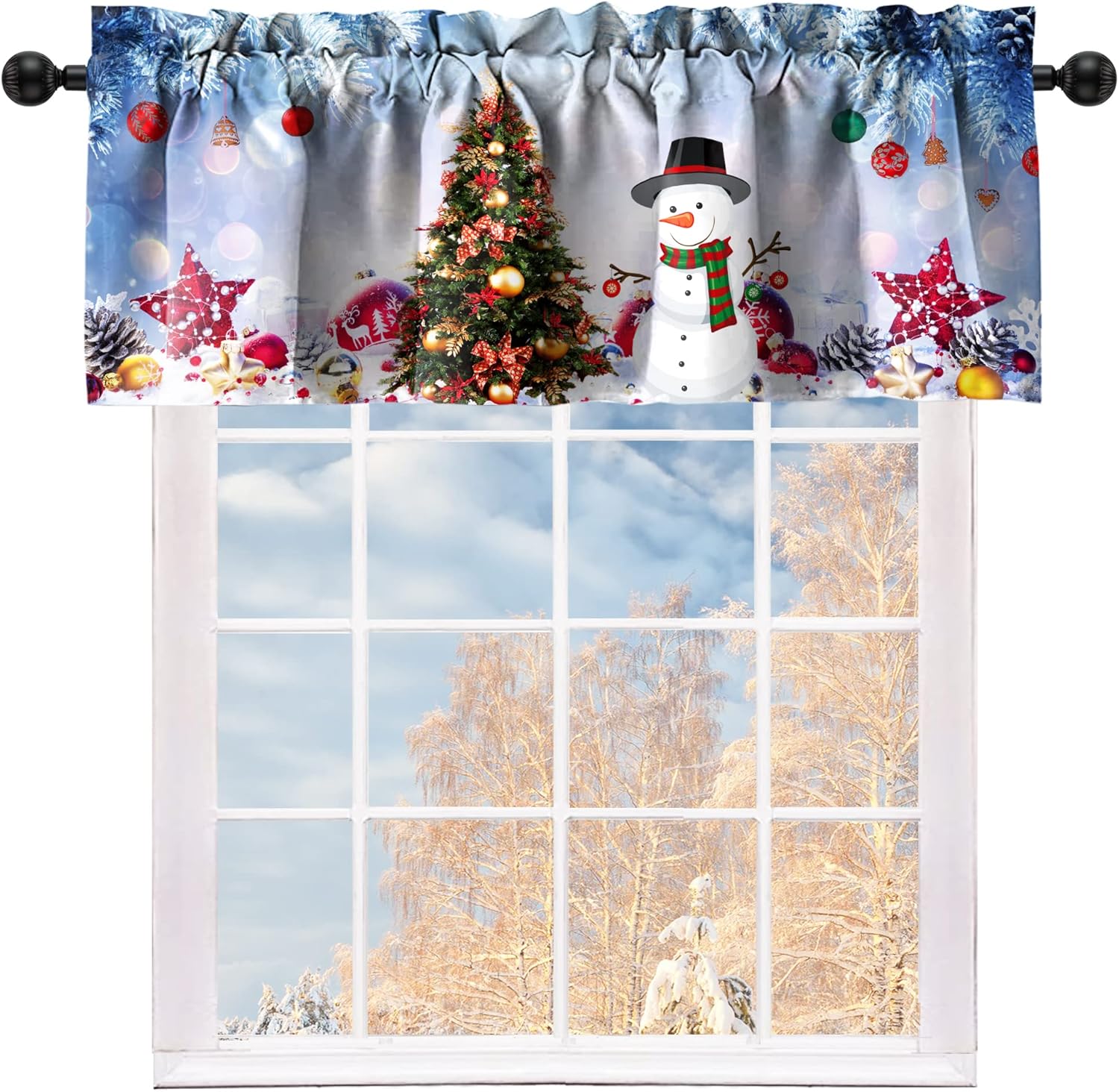 Christmas Tree Kitchen Curtain Valances Snowman White Ice Pine Small