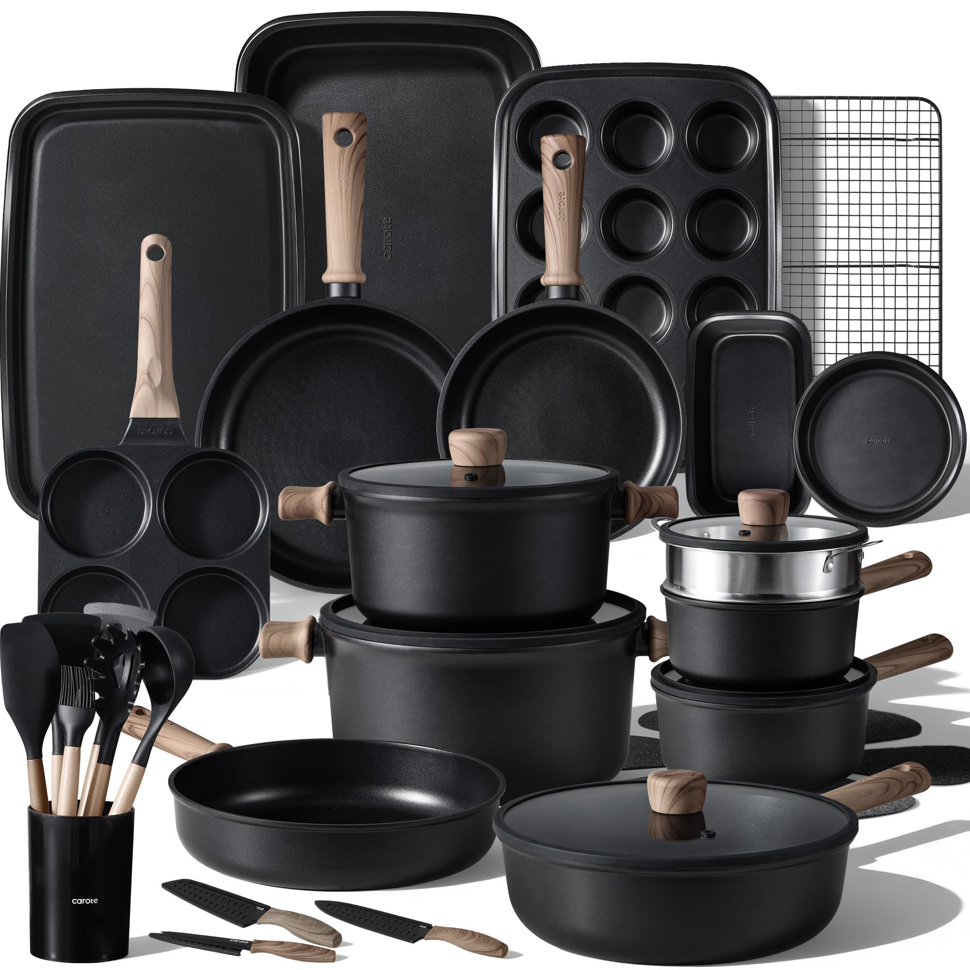CAROTE 44pcs Nonstick Kitchen Cookware Sets, Nonstick Pots and Pans, Induction Cookware Set Kitchen Cooking Sets, Non Stick w/Frying Pan,Black