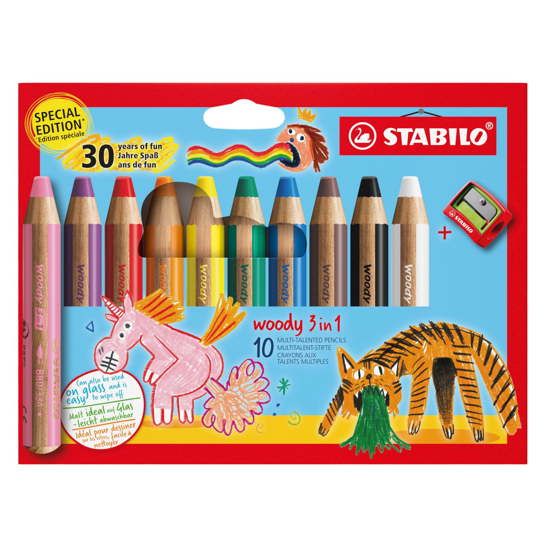 STABILO Woody 3 in 1 Geburtstags Edition – Buntstift, Wasserfarbe & Wachsmalkreide (10er Pack, inkl. Spitzer)